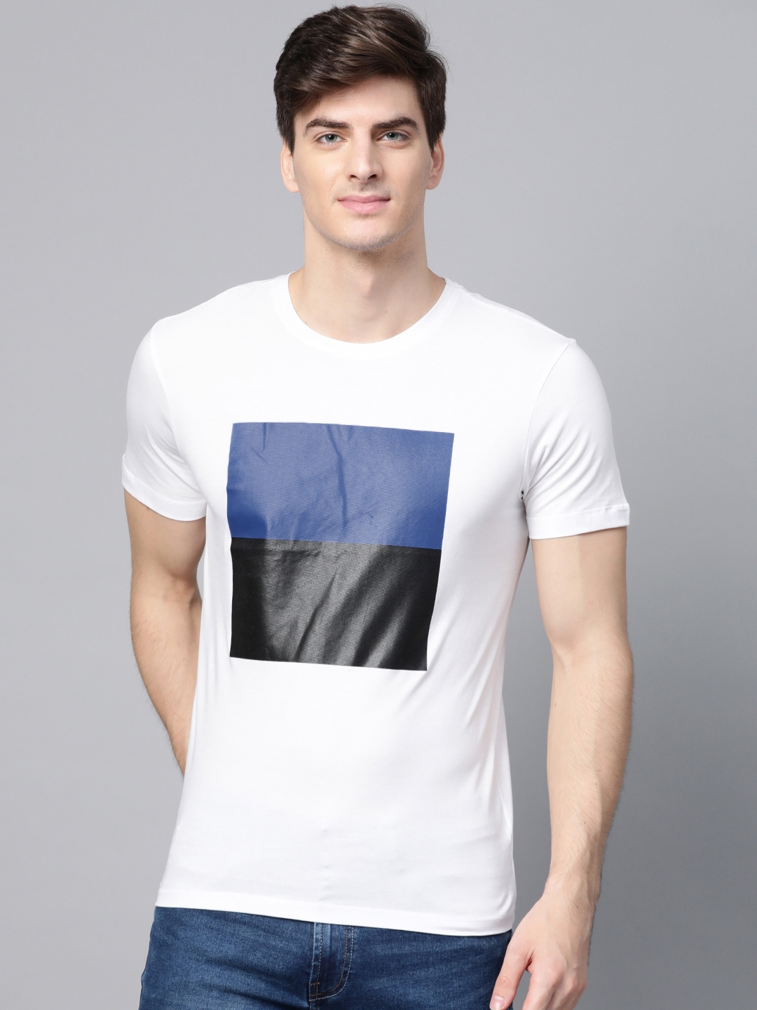 Buy ManQ CASUAL Men White & Blue Printed Round Neck T Shirt - Tshirts ...