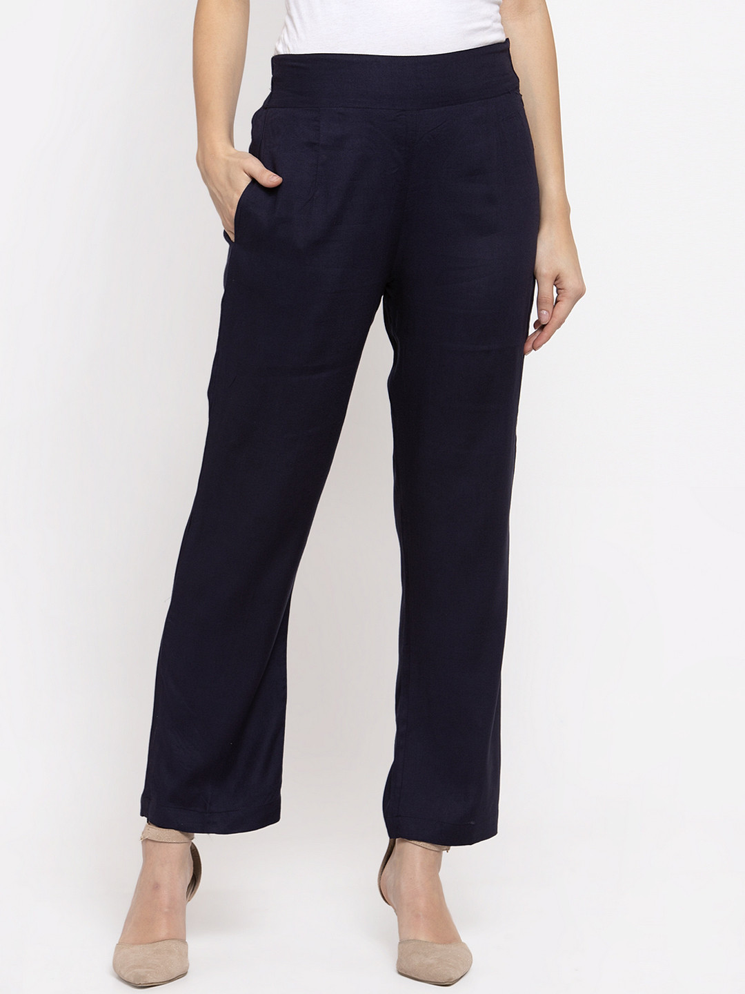 Buy Aujjessa Women Navy Blue Smart Regular Fit Solid Cigarette Trousers - Trousers for Women 