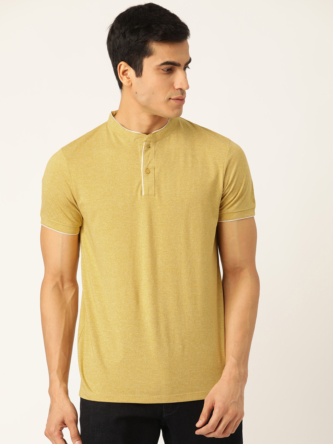 Buy Ether Men Mustard Yellow Solid Mandarin Collar T Shirt Tshirts