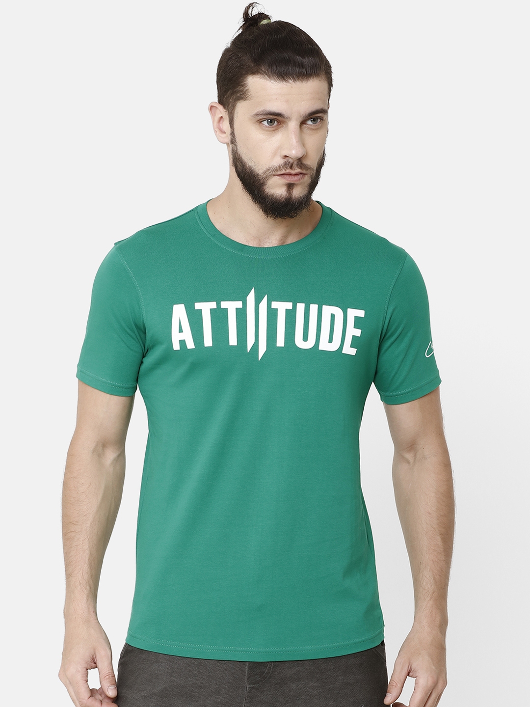 Buy Attiitude Men Green Printed Round Neck Pure Cotton Slim Fit T Shirt Tshirts For Men 7399