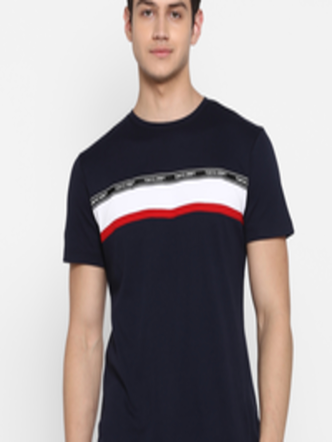 Buy Red Tape Men Blue Striped Round Neck Pure Cotton T Shirt - Tshirts ...