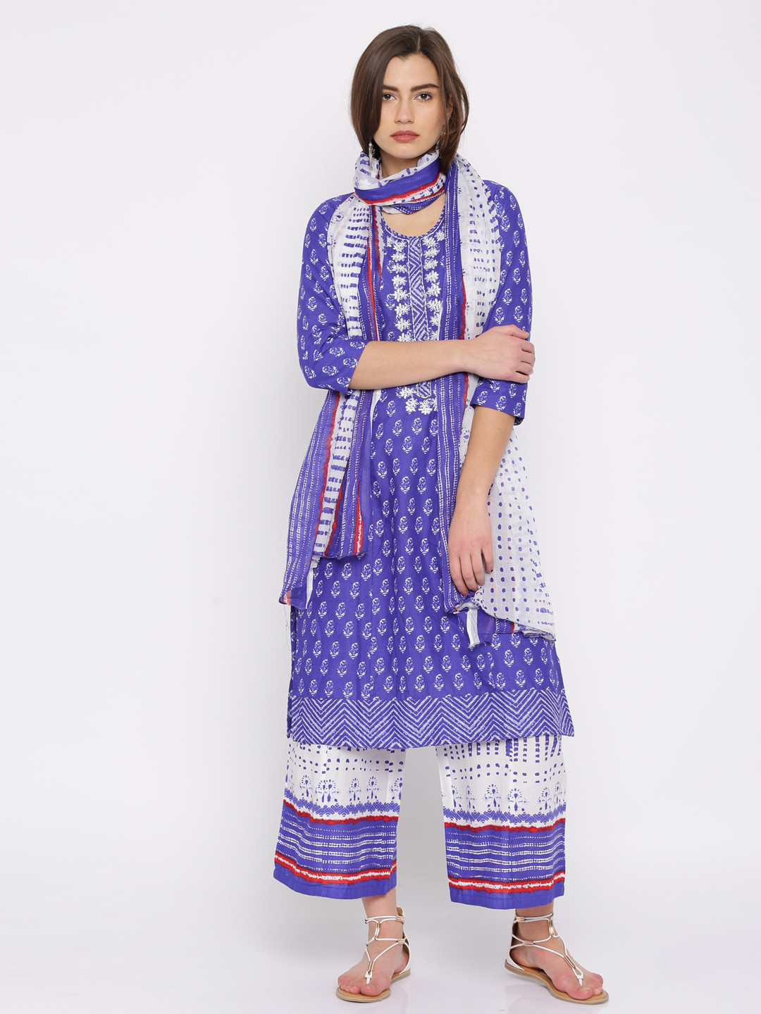Buy BIBA Blue & White Printed Kurta With Palazzo Trousers & Dupatta