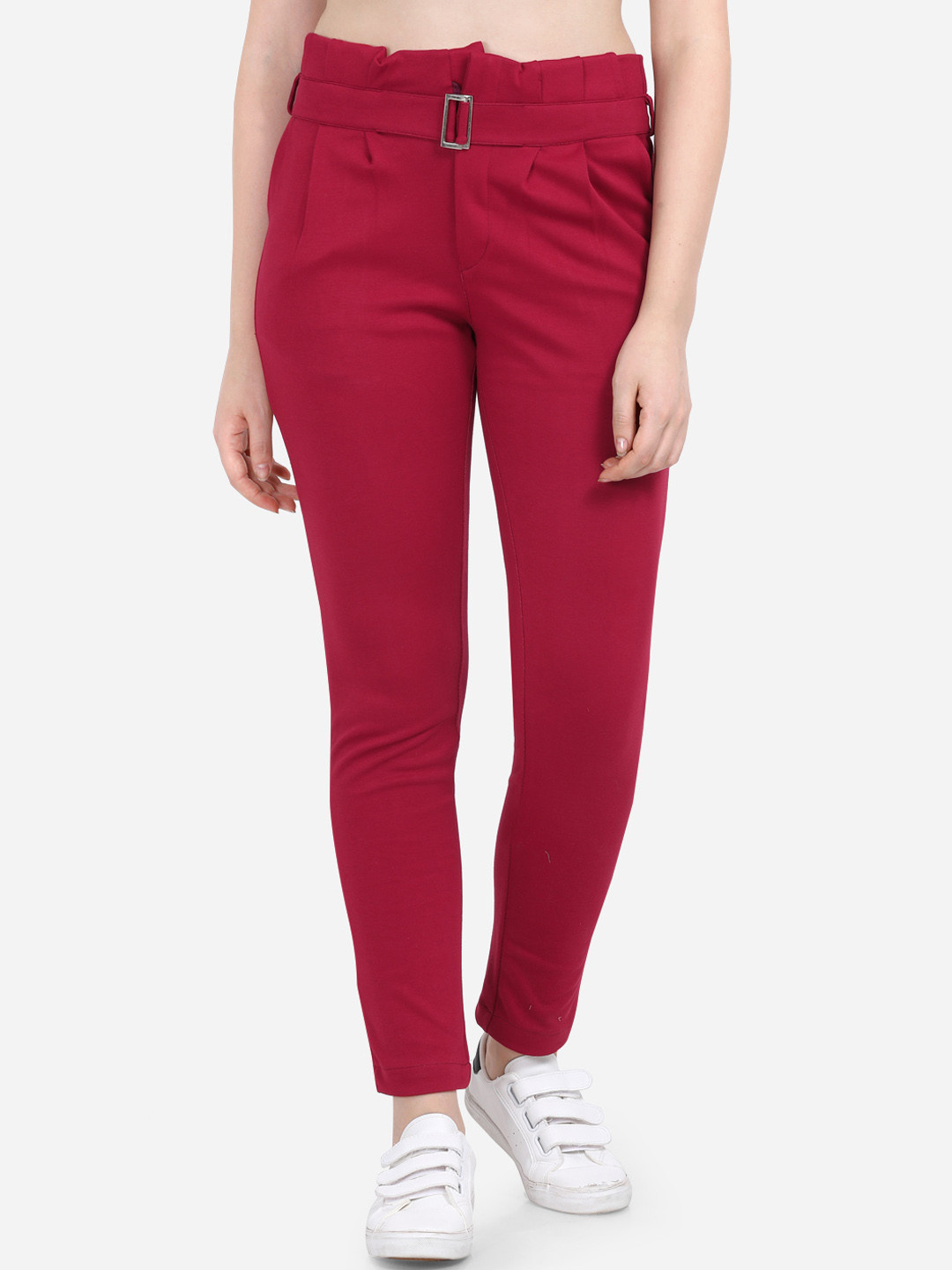 Buy Yuvraah Women Maroon Slim Fit Solid Peg Trousers Trousers for