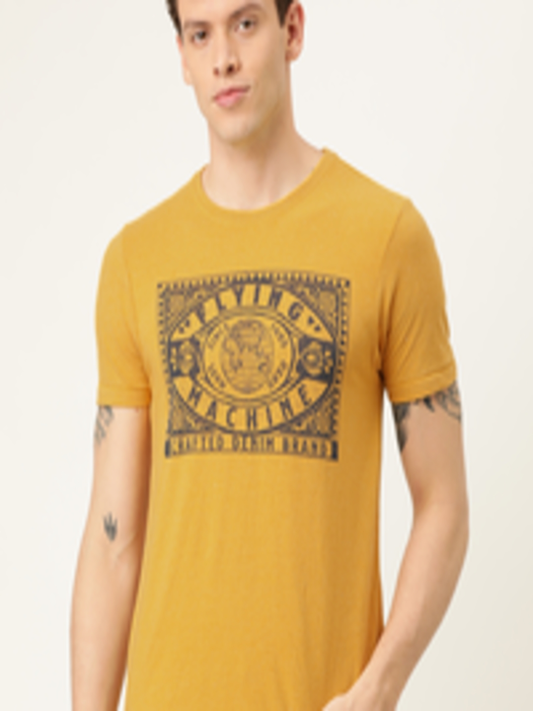 Buy Flying Machine Men Slim Fit Yellow Printed Round Neck T Shirt ...