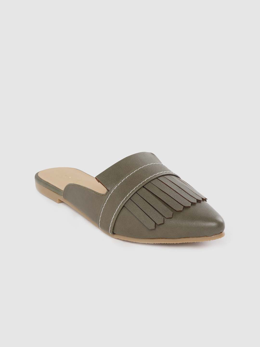 Buy Her By Invictus Women Olive Green Solid Mules With Fringes Flats