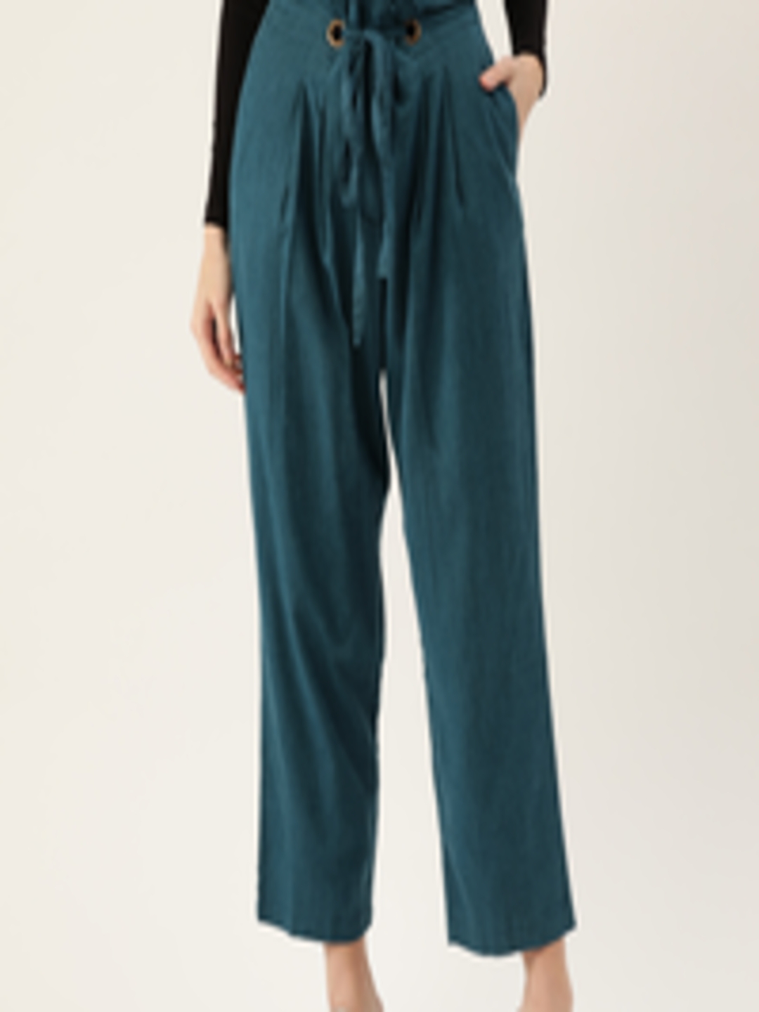 Buy QUIERO Women Teal Blue Loose Fit Solid Regular Cropped Trousers ...