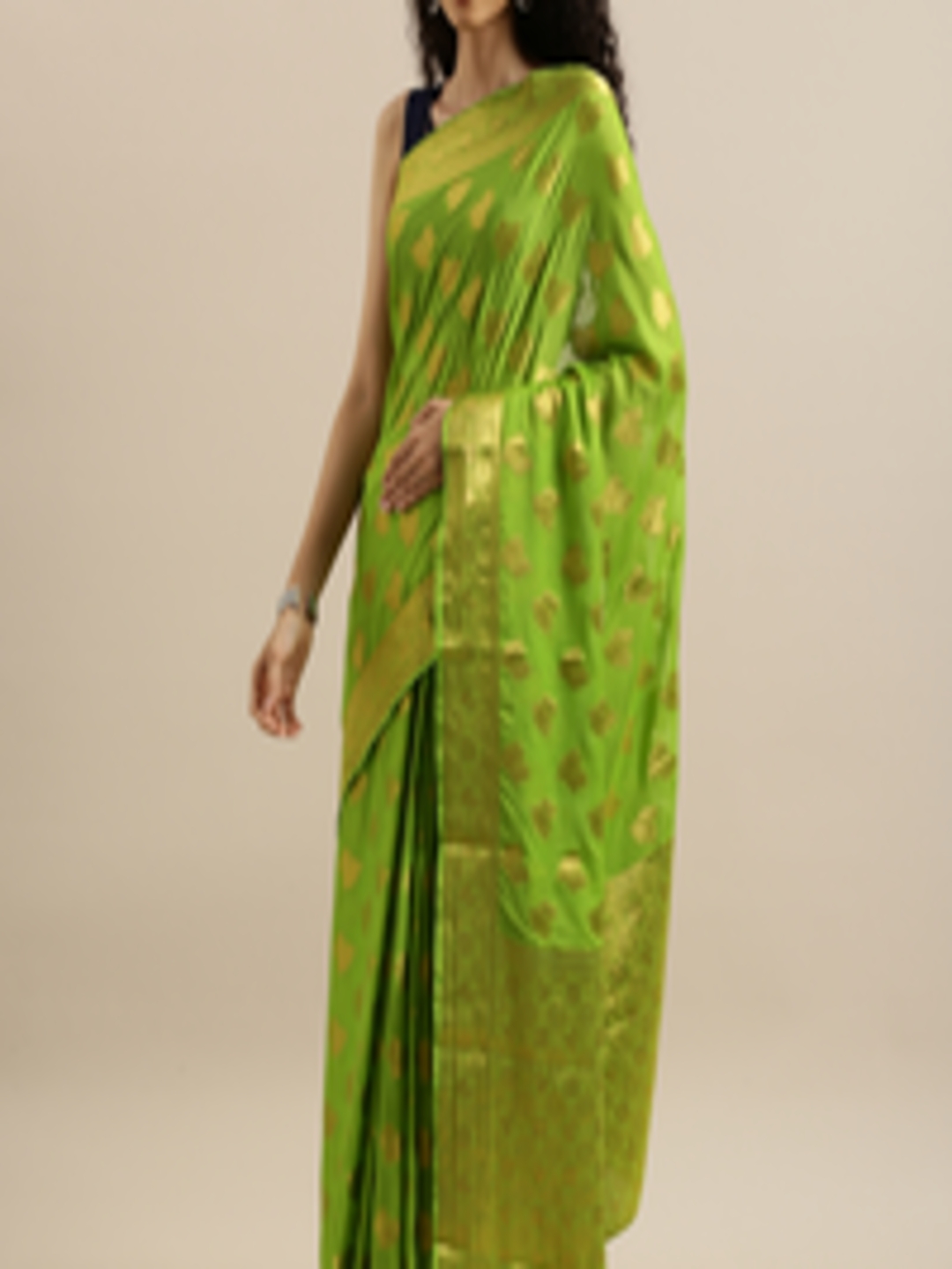 Buy MIMOSA Lime Green & Gold Toned Poly Chiffon Woven Design Banarasi ...
