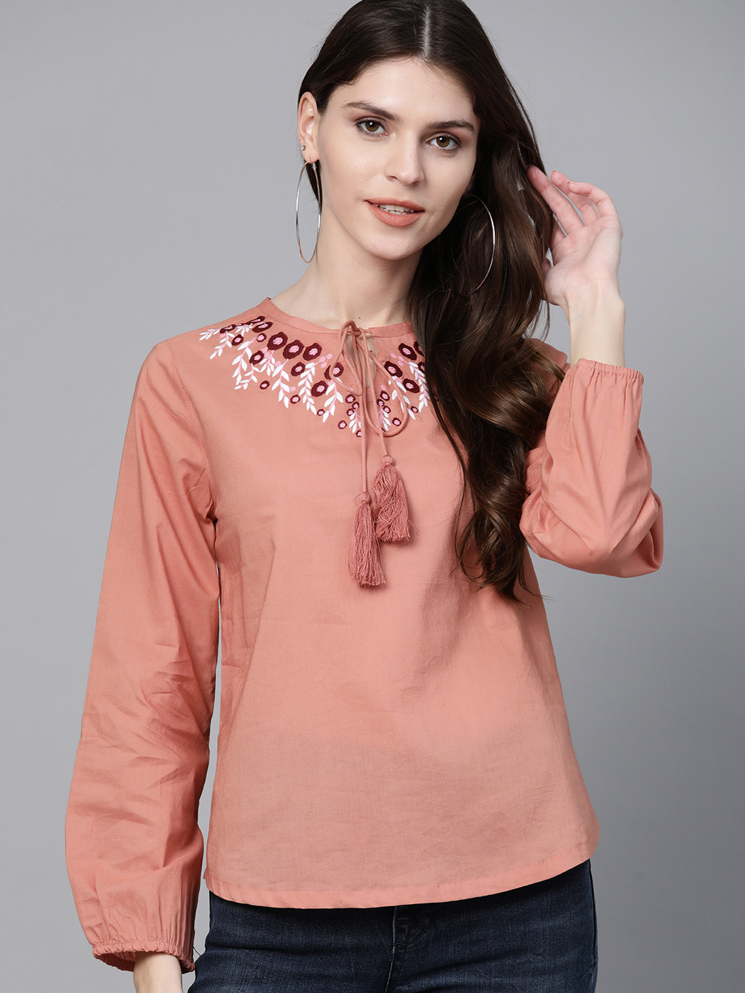 Buy HERE&NOW Women Peach Coloured Embrodiered Detail Pure Cotton Top - Tops for Women 11772040 ...