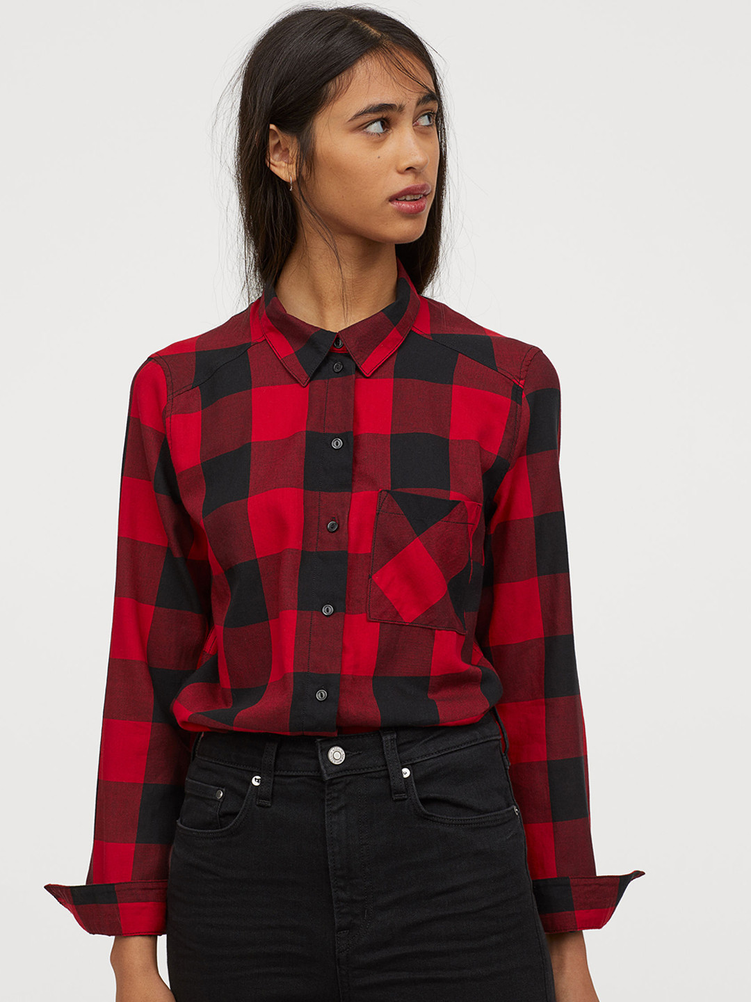 Buy H&M Women Red & Black Regular Fit Checked Casual Shirt Shirts for