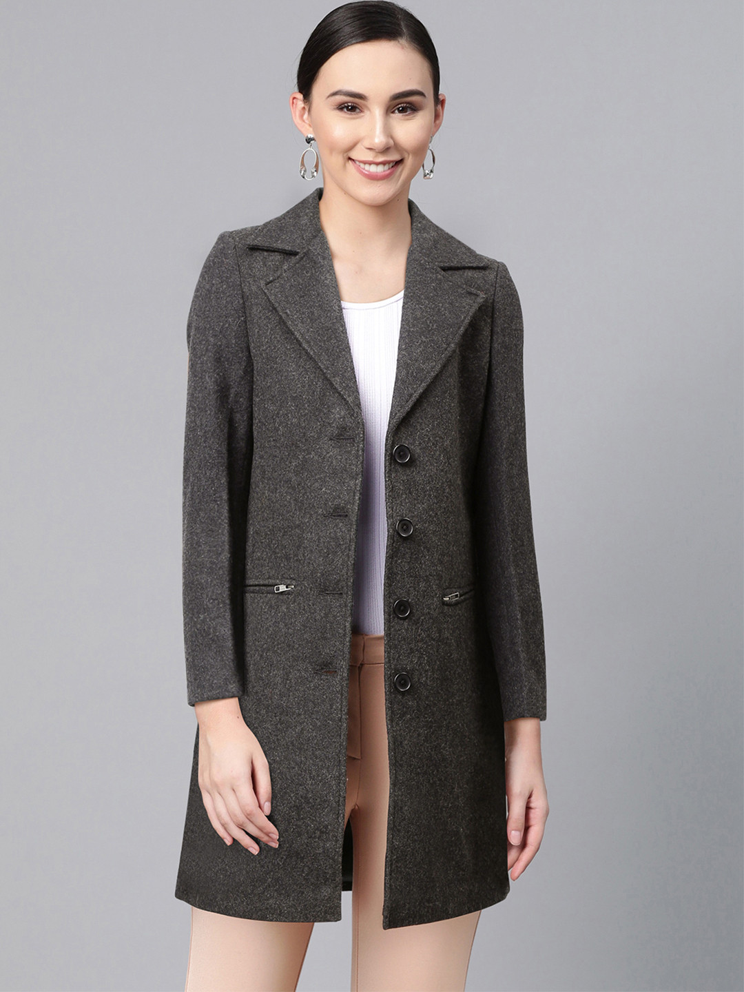 Buy Chemistry Women Charcoal Grey Solid Hip Length Coat Coats for