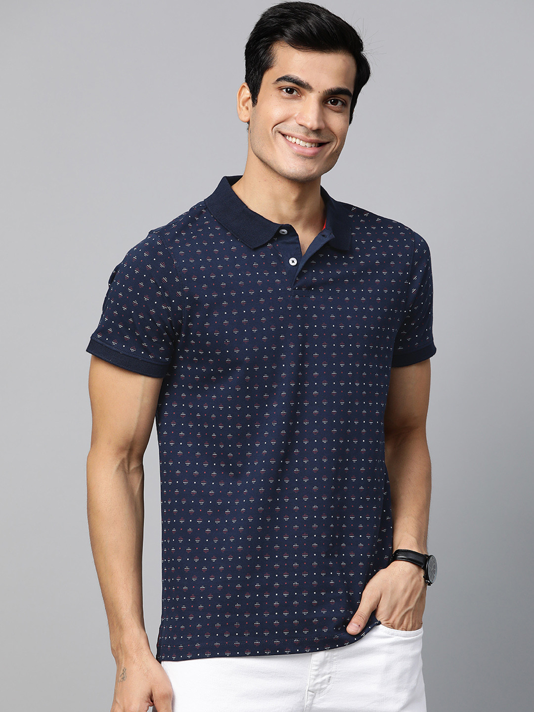Buy Mast & Harbour Men Navy Blue & White Printed Polo Collar T Shirt ...