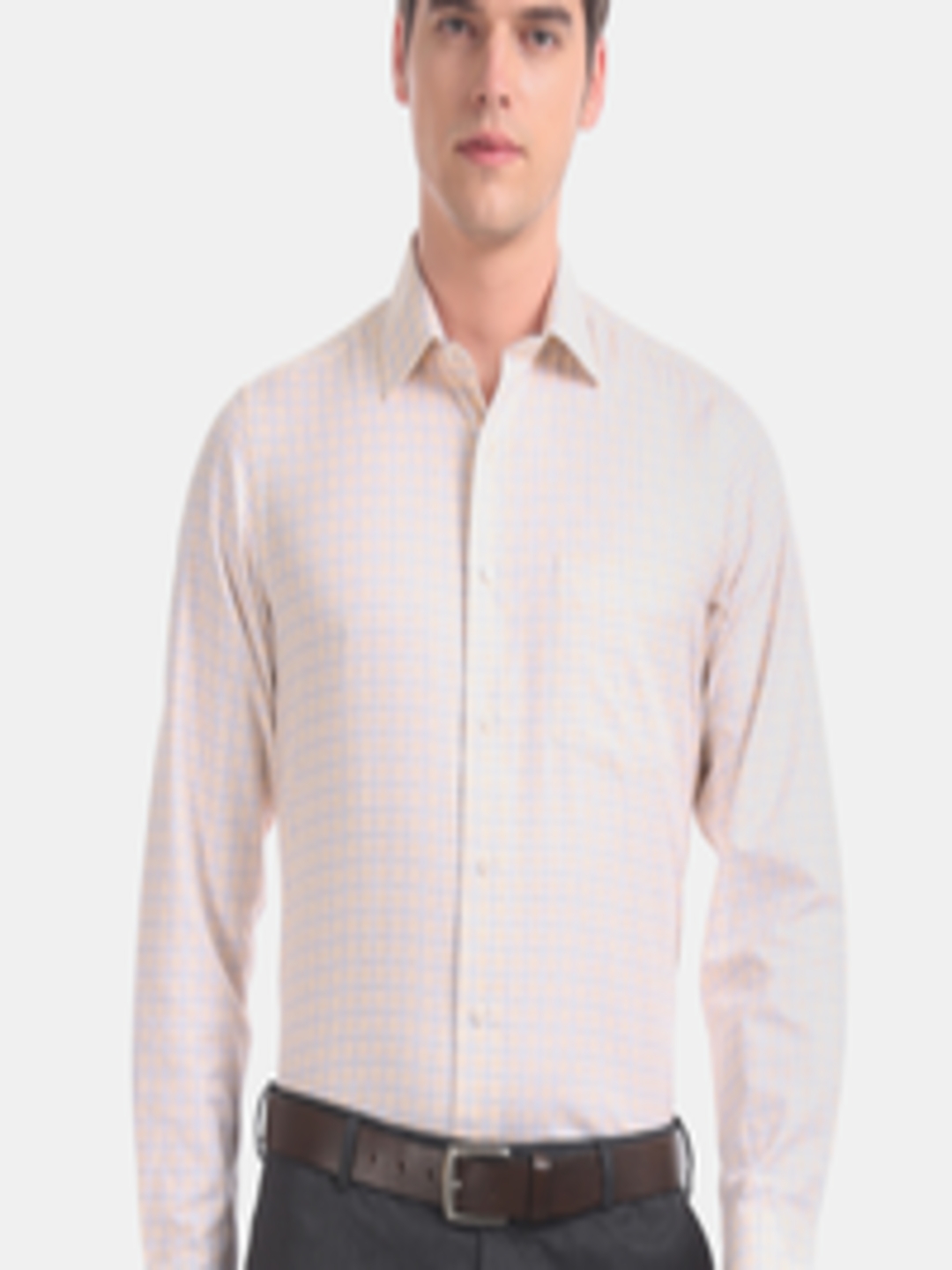 Buy Arrow Men Peach Coloured & White Regular Fit Checked Formal Shirt ...