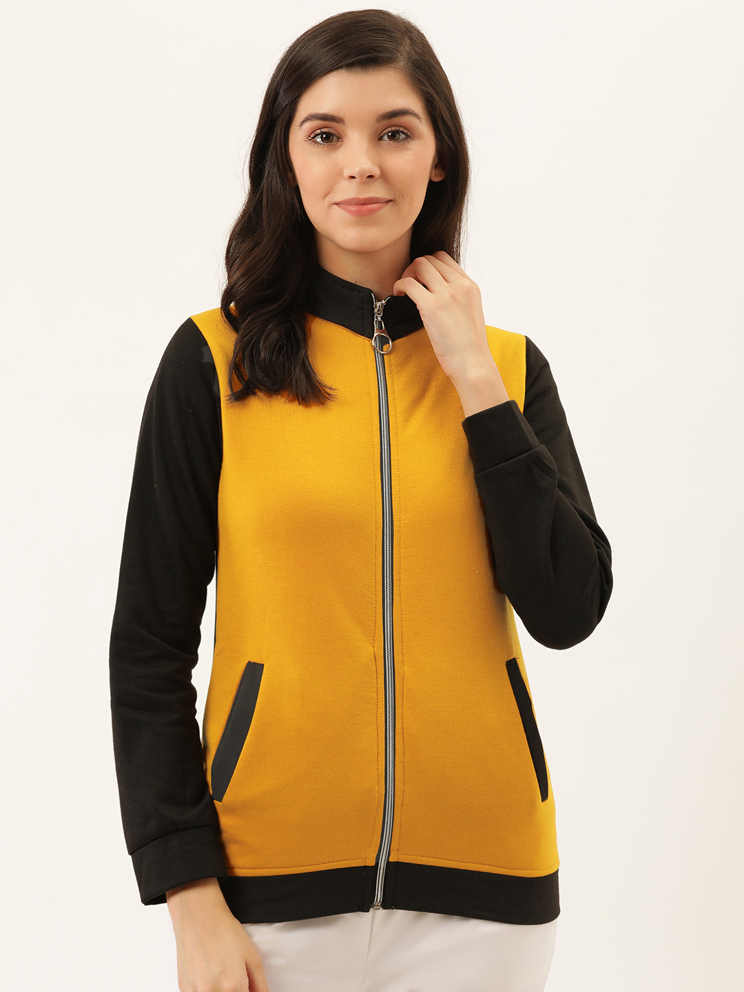 Buy Darzi Women Mustard Yellow & Black Colourblocked Bomber Jacket