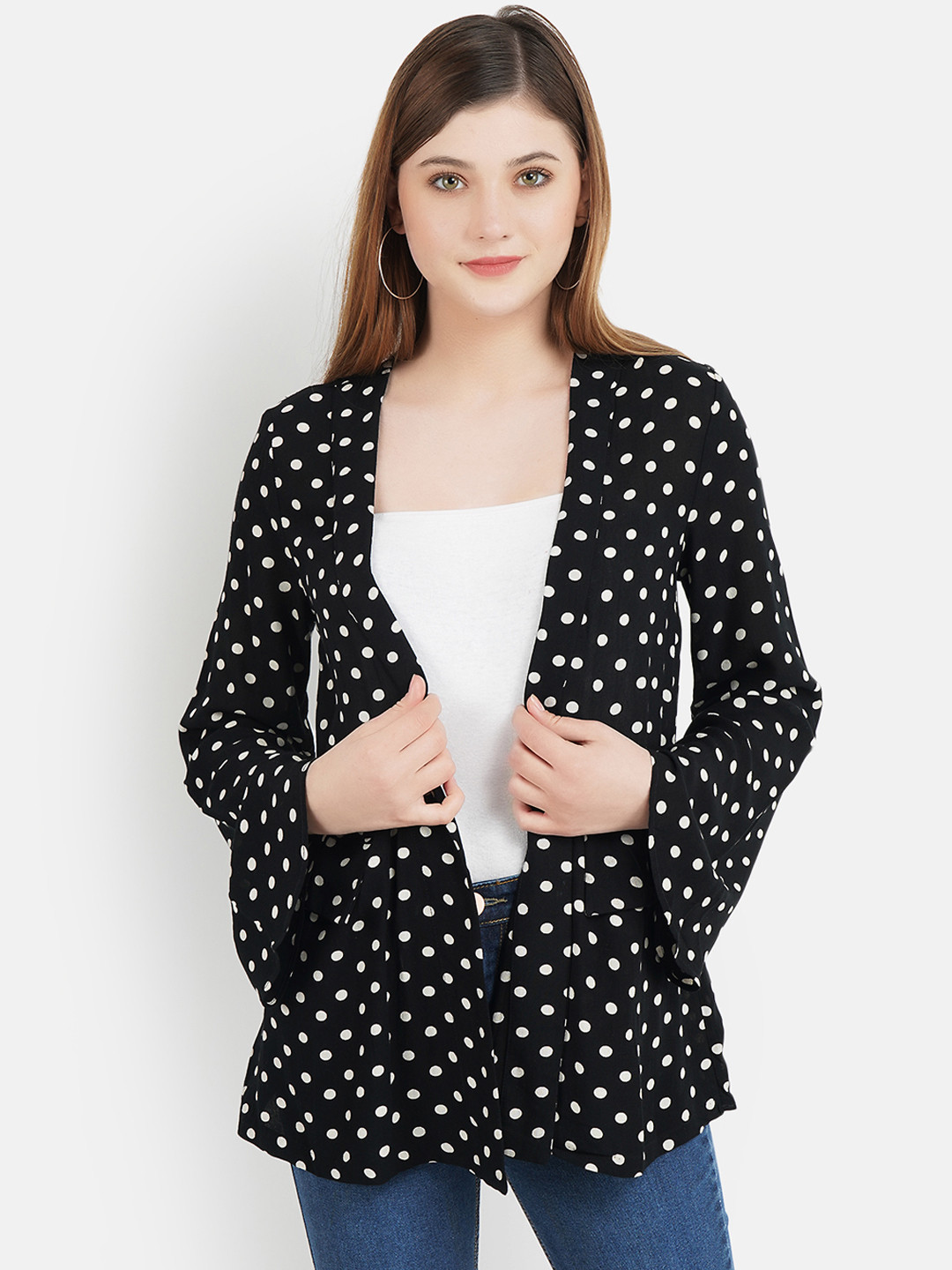 Buy Aditi Wasan Women Black & White Polka Dot Printed Lapel Shrug