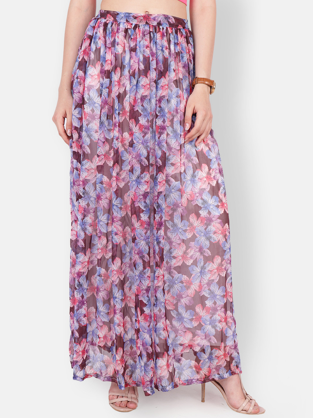 High Waist Purple Floral Print Flared Maxi Skirt