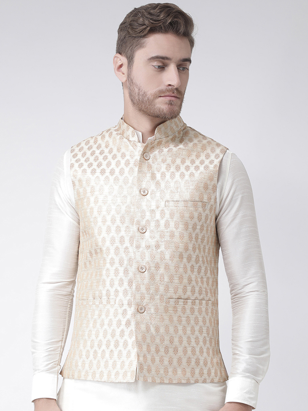 Buy DEYANN Men Cream Coloured & Gold Coloured Woven Design Nehru Jacket