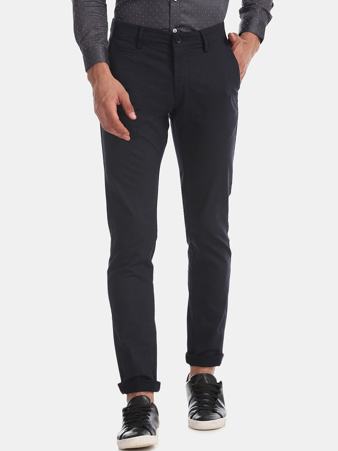 Buy Flying Machine Men Blue Slim Fit Printed Regular Trousers ...