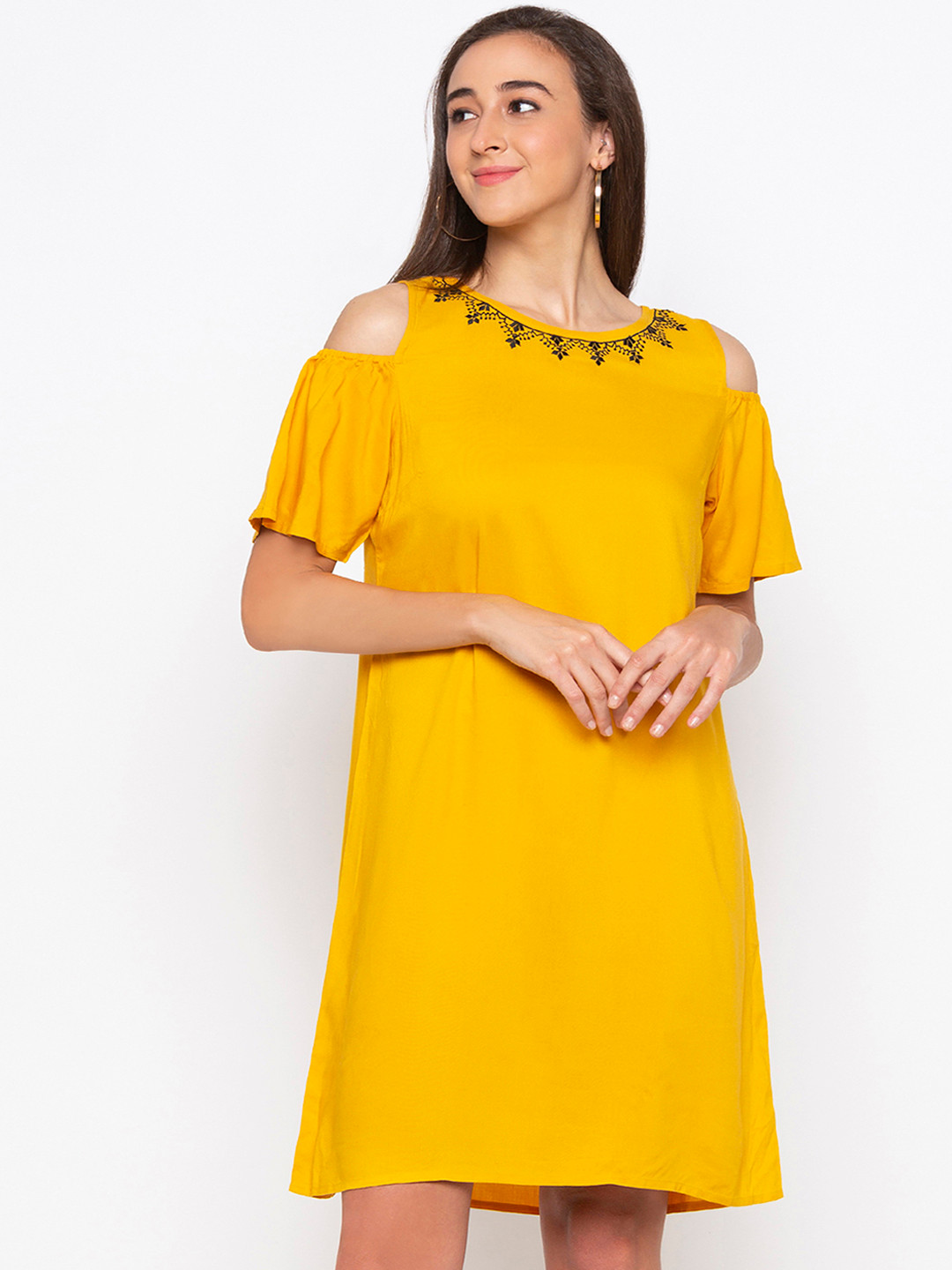 Buy Globus Women Mustard Yellow Embroidered A Line Dress Dresses for