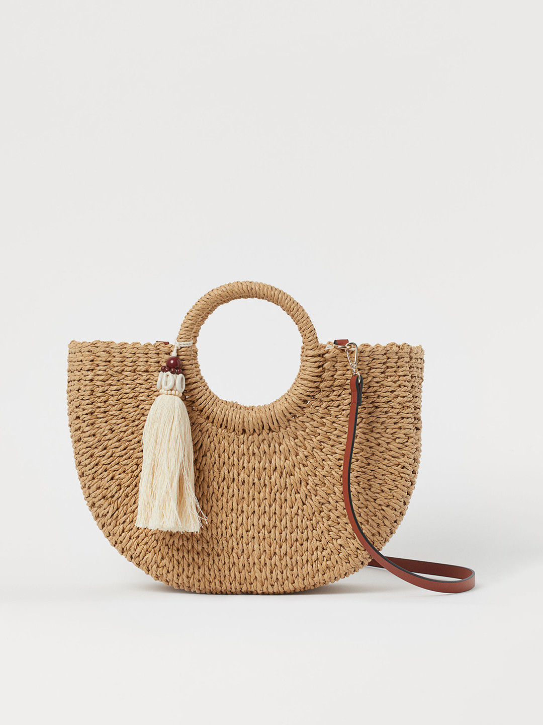 Buy H&M Women Beige Tassel Detail Straw Shopper Handbags for Women