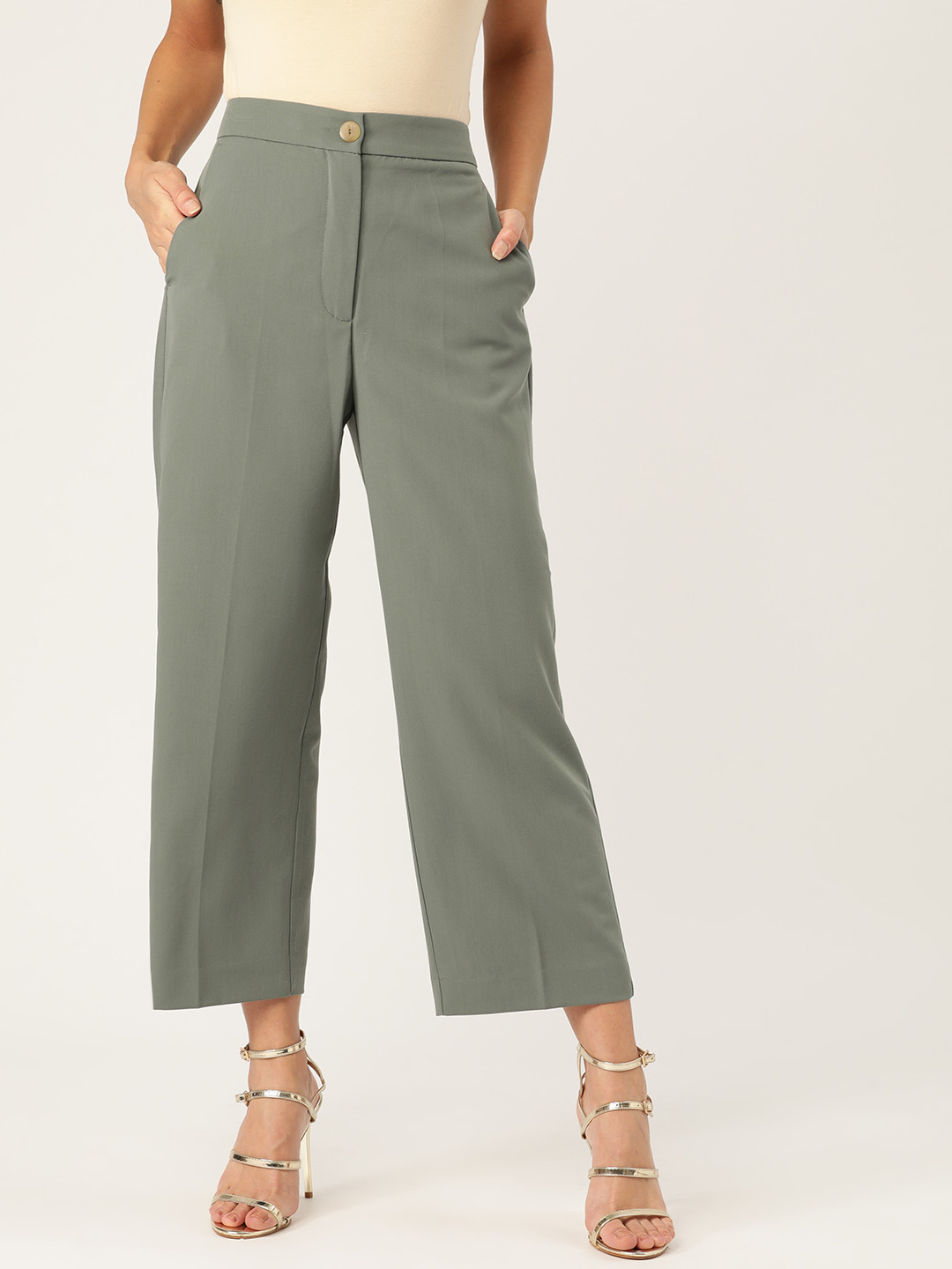 Buy MANGO Women Green Straight Fit Solid Cropped Regular Trousers