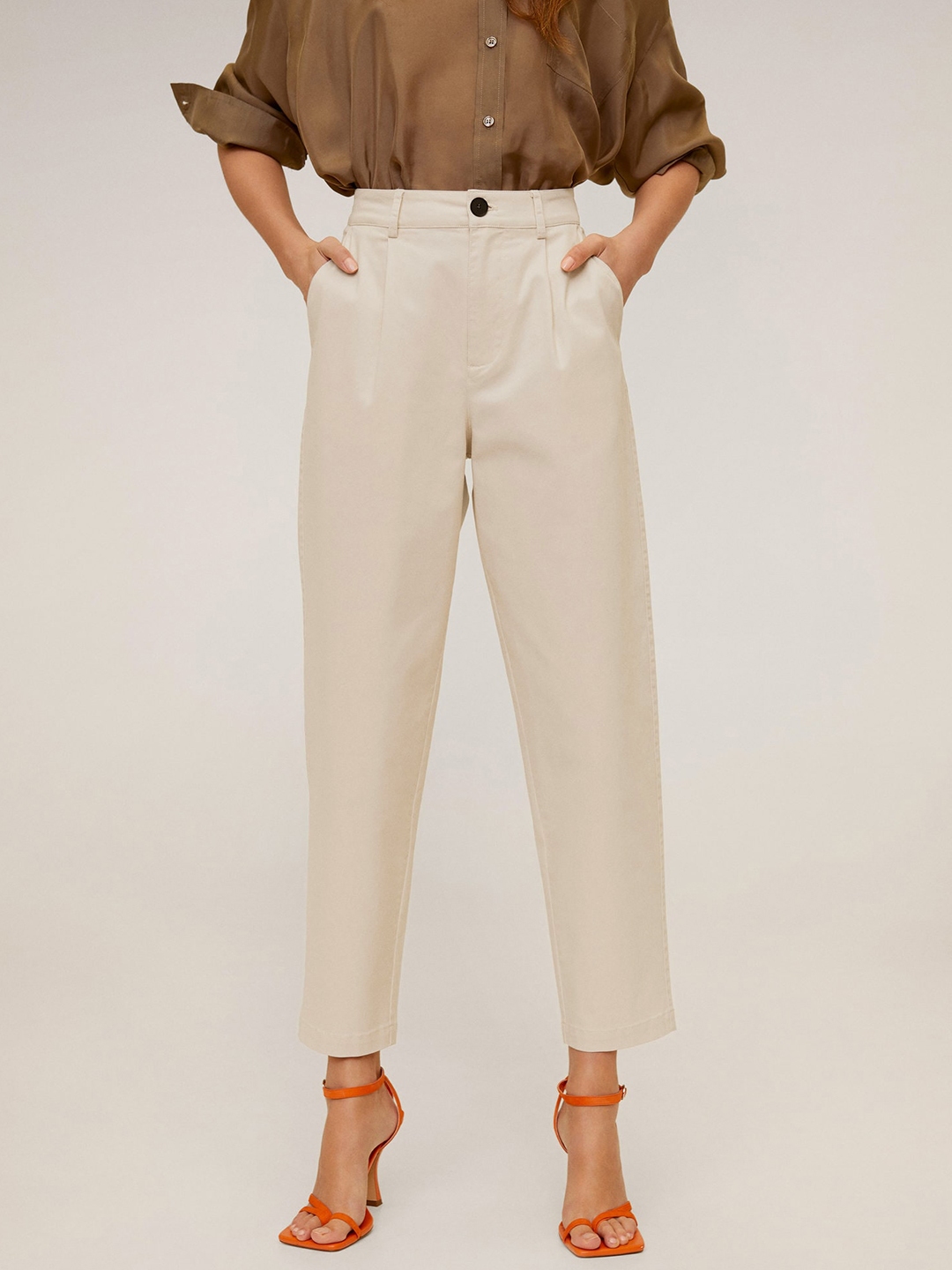 Buy MANGO Women Beige Regular Fit Solid Cropped Trousers Trousers for