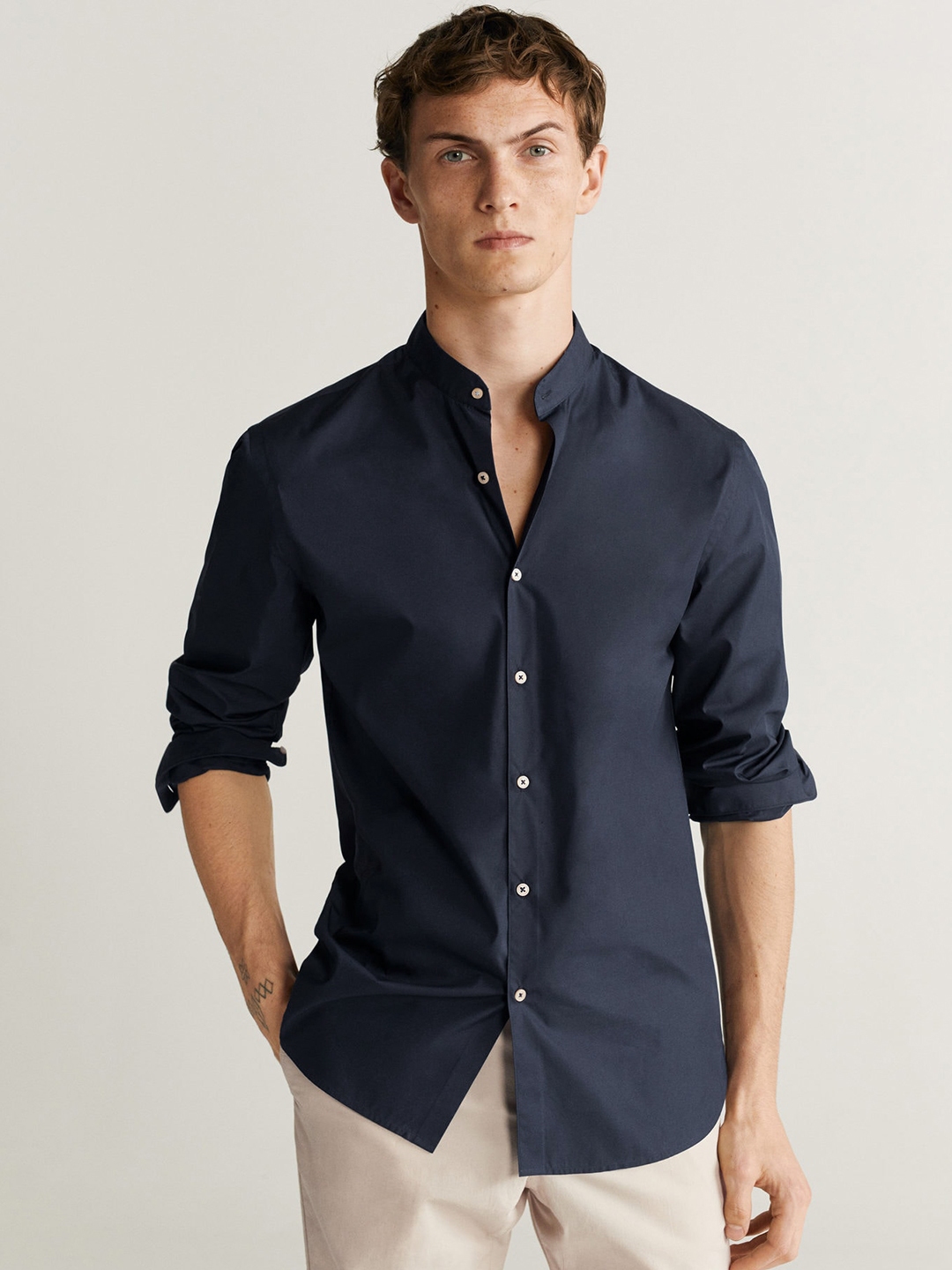 Buy MANGO MAN Navy Blue Slim Fit Solid Casual Shirt - Shirts for Men ...