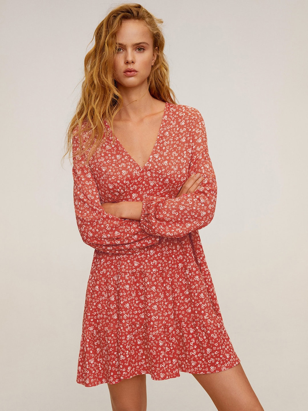 Buy MANGO Women Red & White Floral Print Tiered A Line Dress Dresses