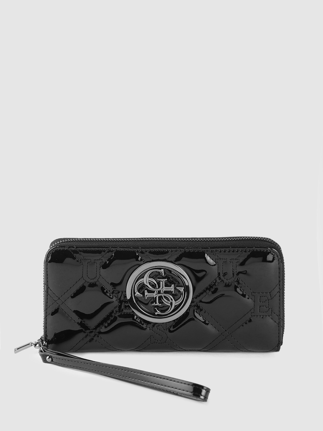 Buy GUESS Women Black Quilted Zip Around Wallet With Wrist Loop