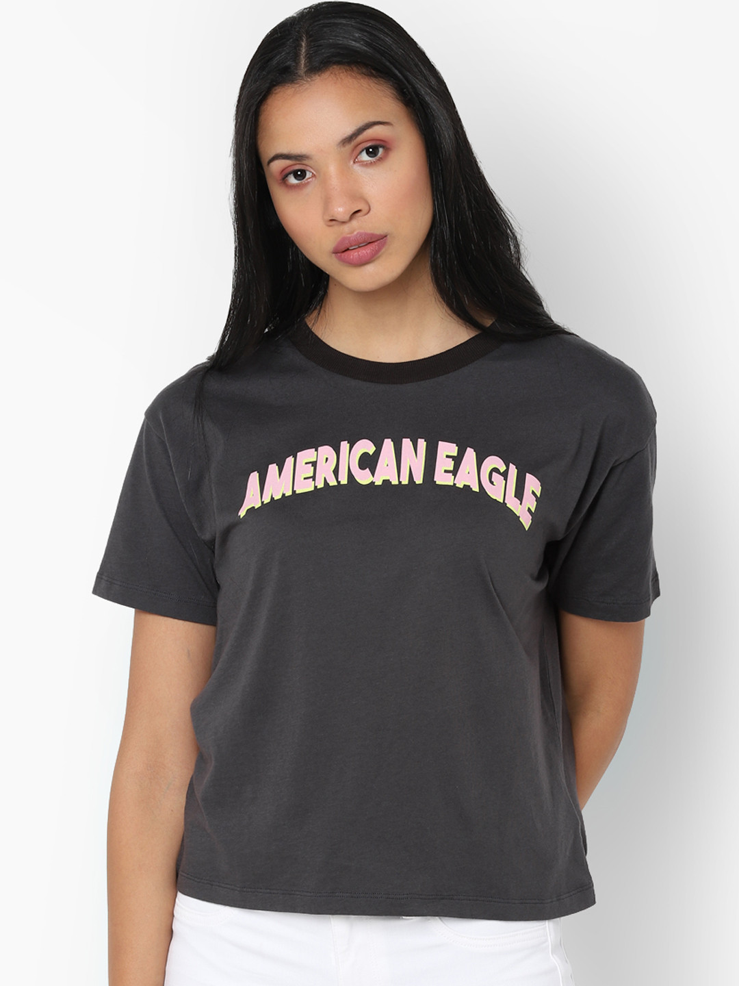 Buy AMERICAN EAGLE OUTFITTERS Women Grey Printed Round Neck Pure Cotton
