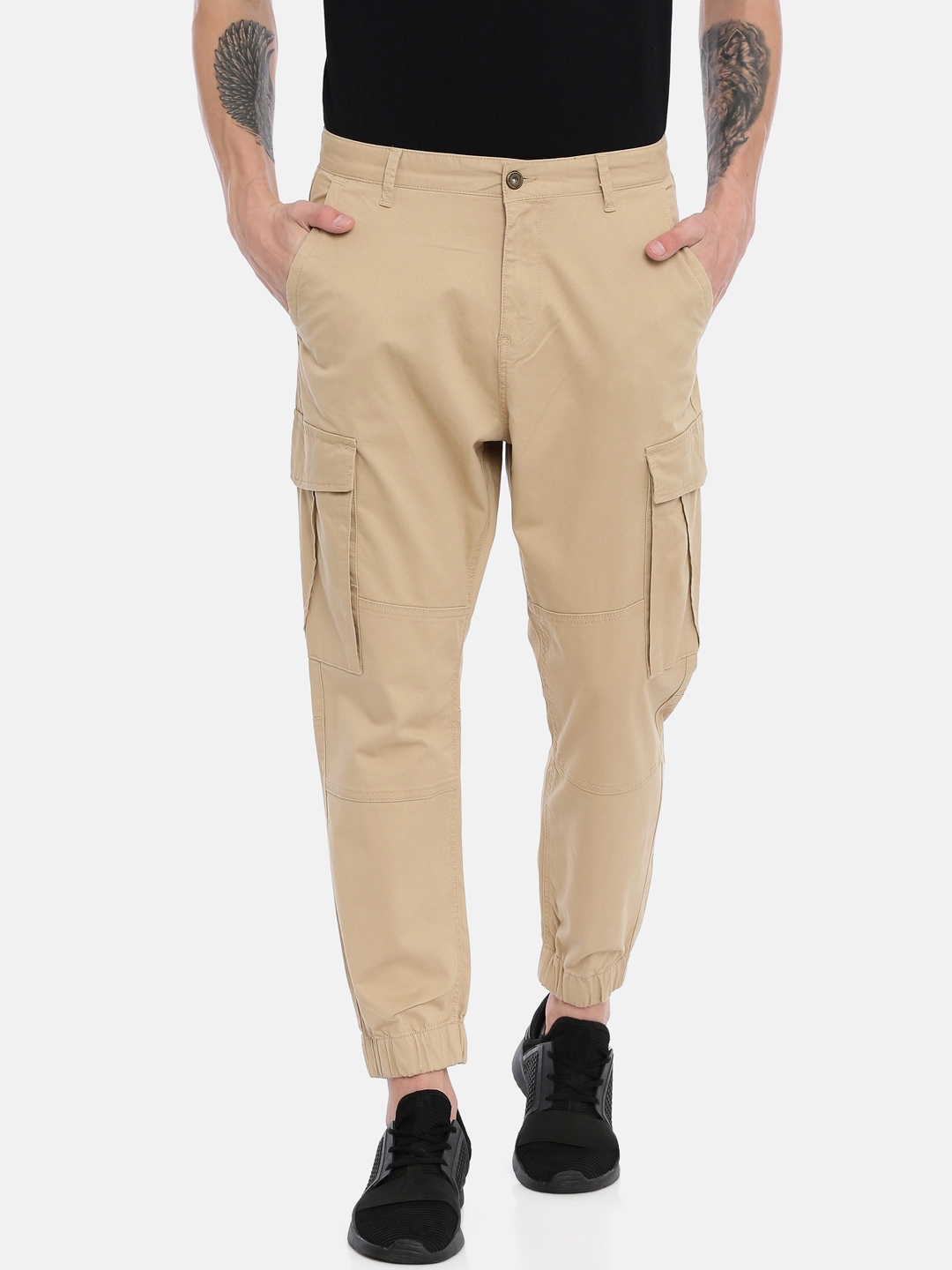 Buy Breakbounce Men Beige Comfort Fit Solid Cropped Cargos Trouser ...
