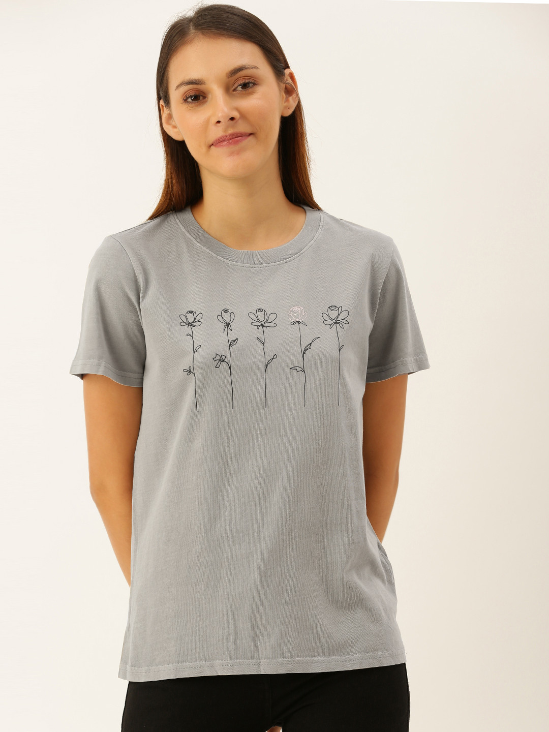 Buy FOREVER 21 Women Grey Printed Round Neck Pure Cotton T Shirt