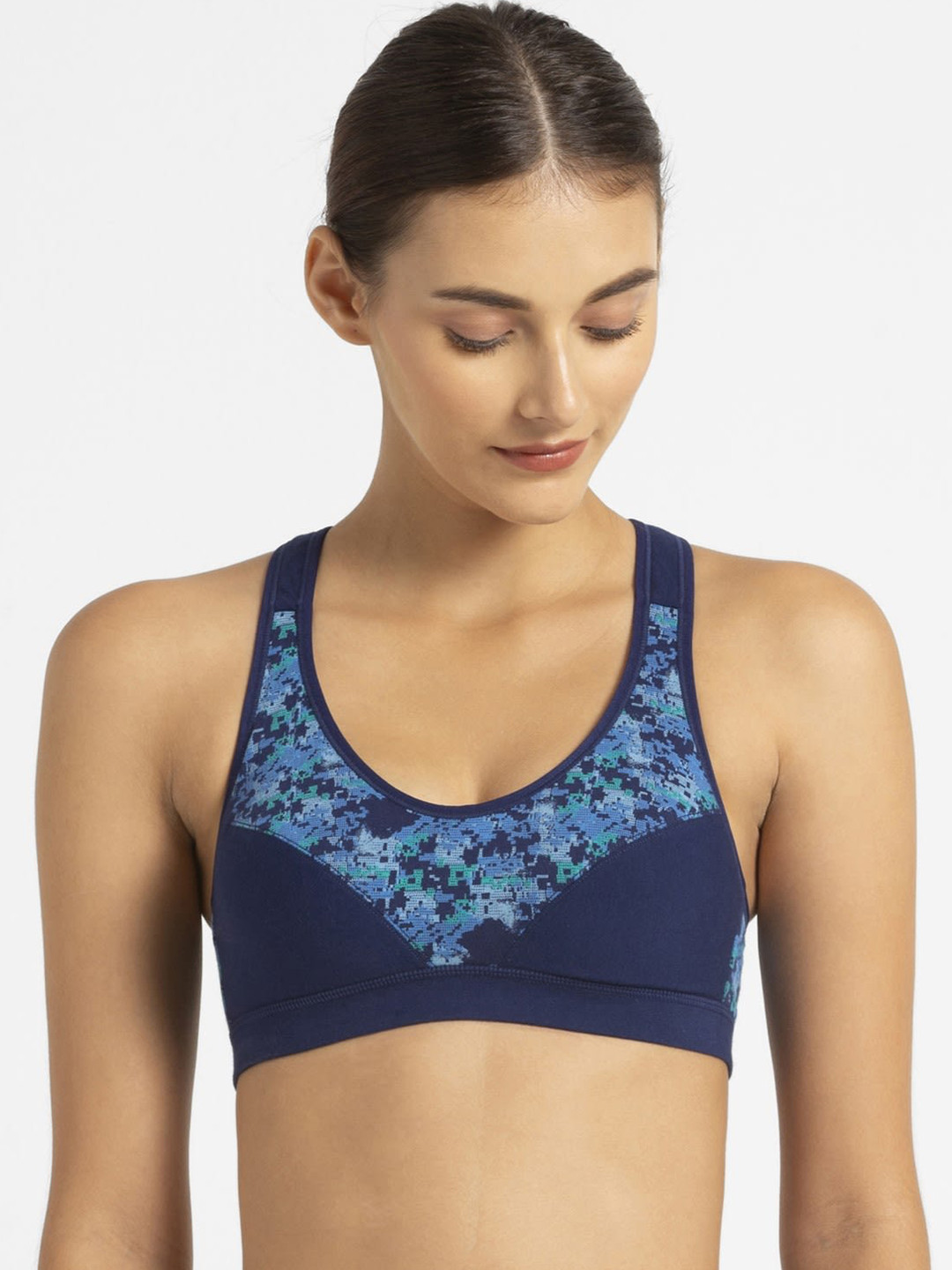 Buy Jockey Blue & Green Printed Non Wired Lightly Padded Sports Bra