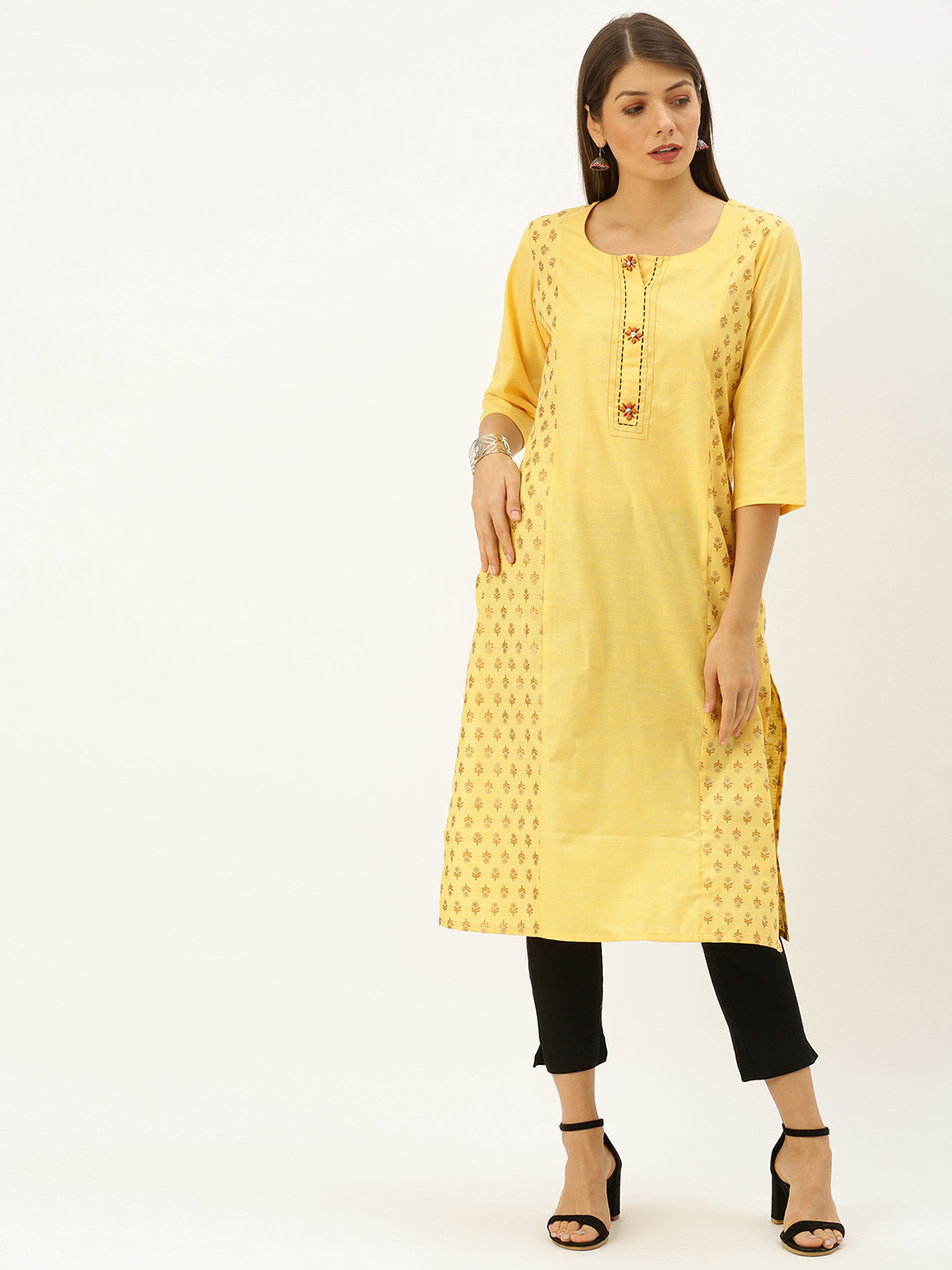 Buy Soch Women Yellow Printed Straight Panelled Kurta Kurtas for