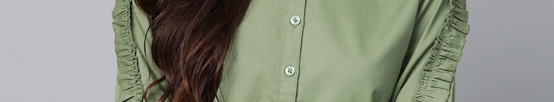 Buy SASSAFRAS Women Green Regular Fit Solid Frilled Casual Shirt ...