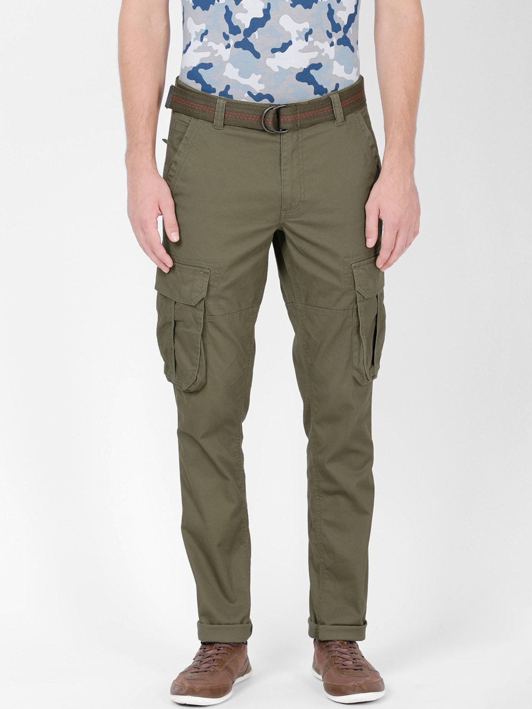 Buy T Base Men Olive Green Relaxed Tapered Fit Solid Cargos Trousers