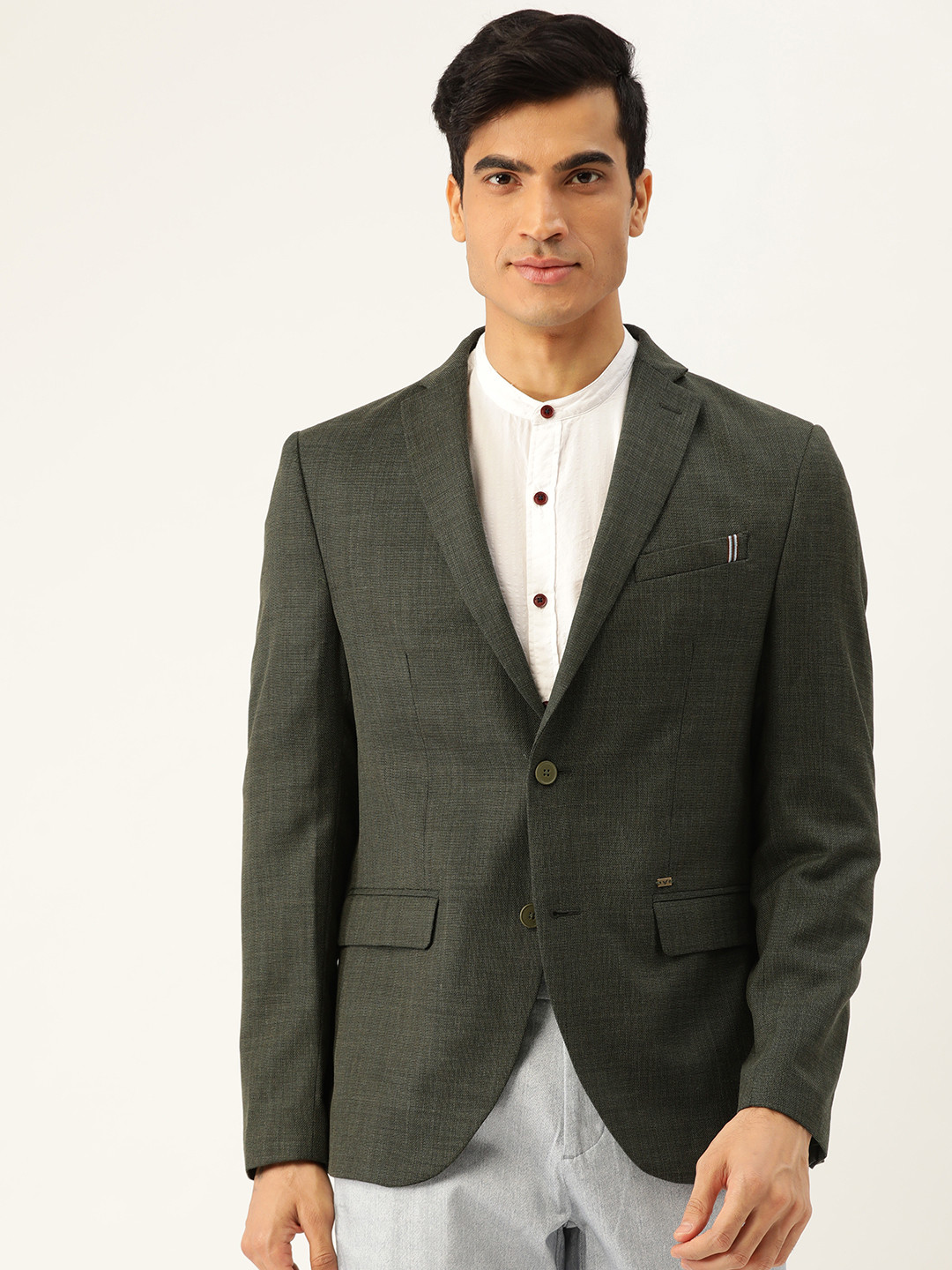 Men's Olive Printed Slim-Fit Single Breasted Casual Blazers