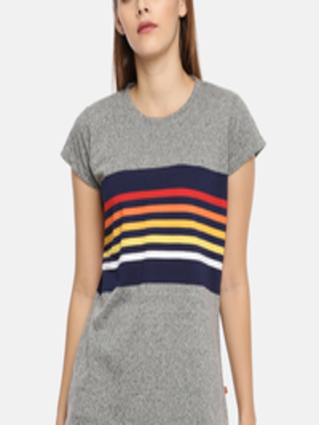 Buy GOLDSTROMS Women Charcoal Grey Navy Blue Striped Round Neck Pure ...