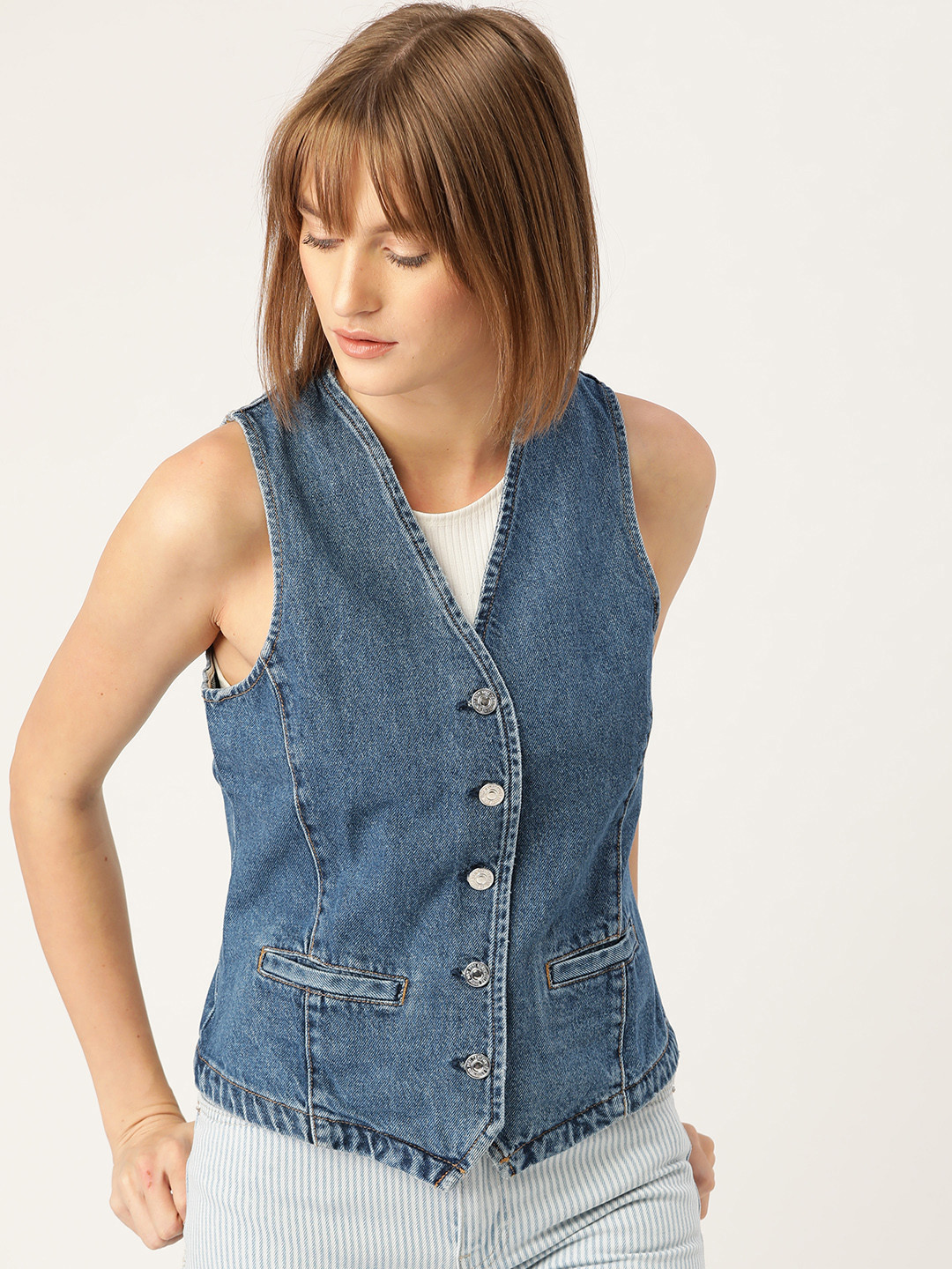 Buy MANGO Women Navy Blue Denim Pure Cotton Waistcoat Waistcoat for