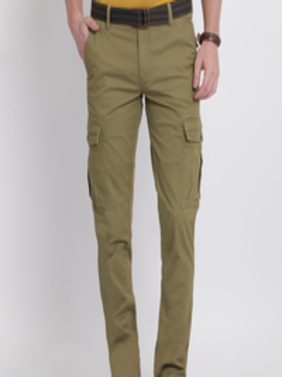 Buy T Base Men Olive Green Tapered Fit Solid Cargos - Trousers for Men ...