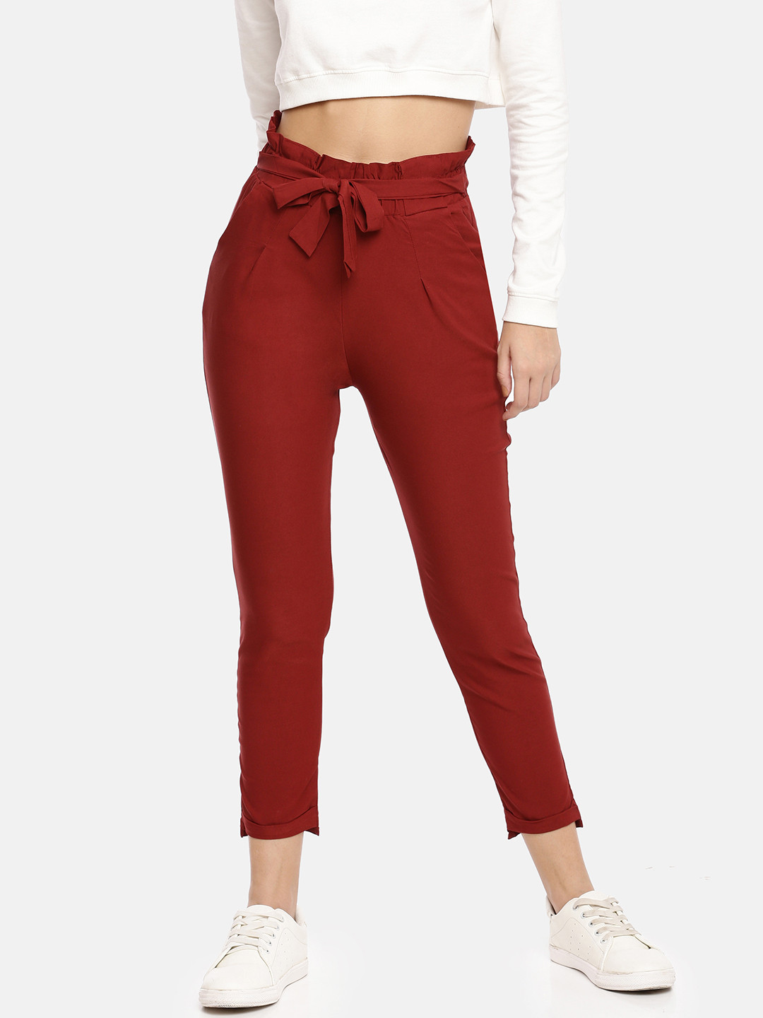 Buy GOLDSTROMS Women Maroon Slim Fit Solid Cropped Peg Trousers