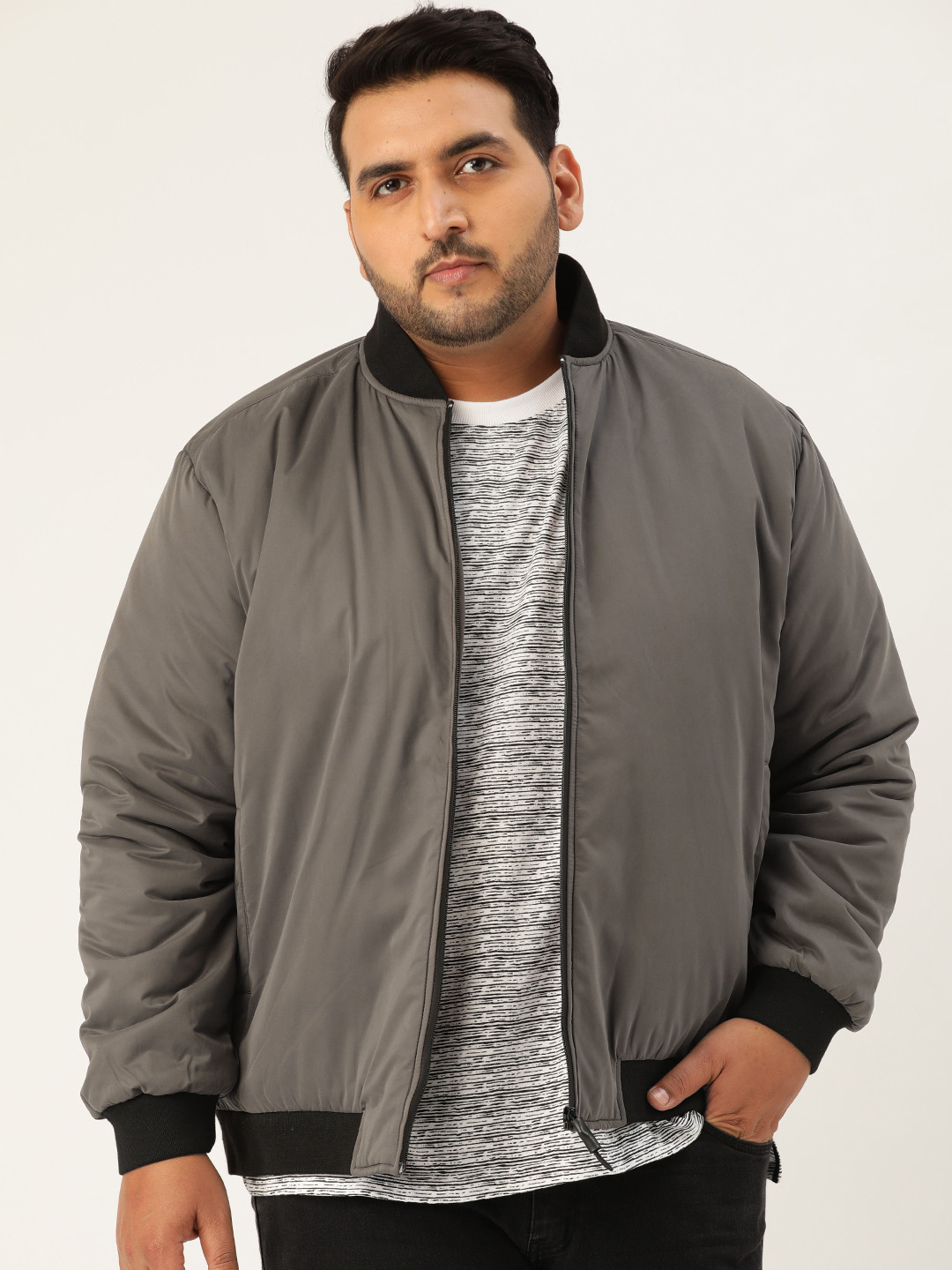 Buy Sztori Plus Size Men Charcoal Grey Solid Bomber Jacket Jackets