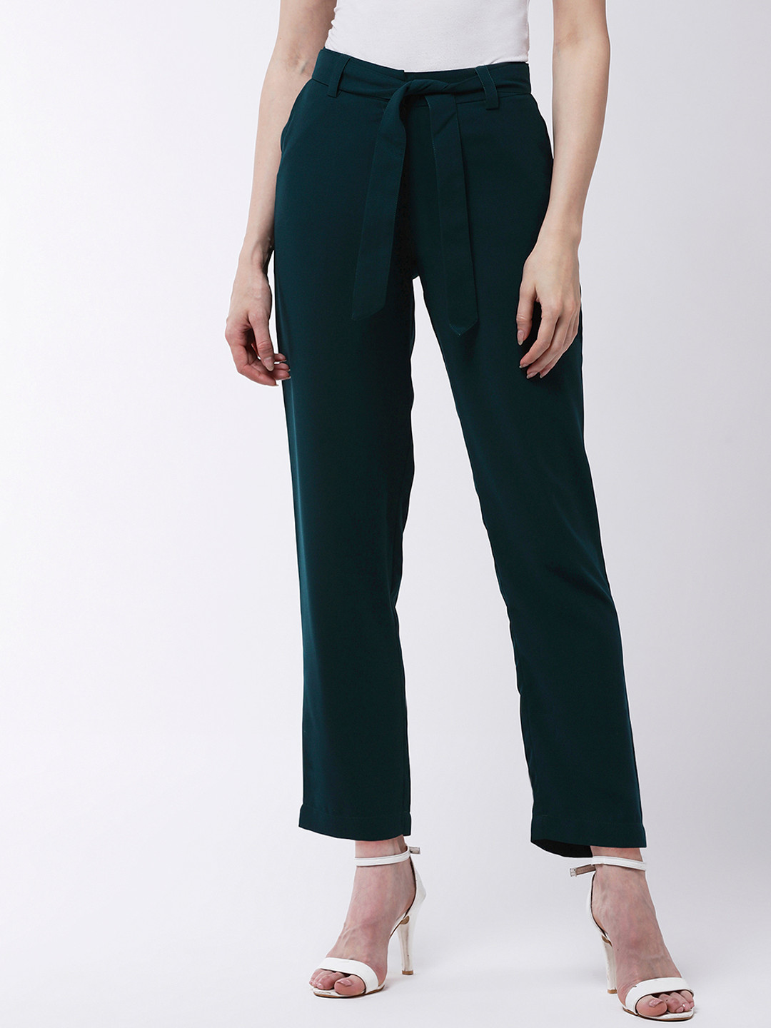 MAGRE Women Green Regular Fit Solid Cigarette Trousers