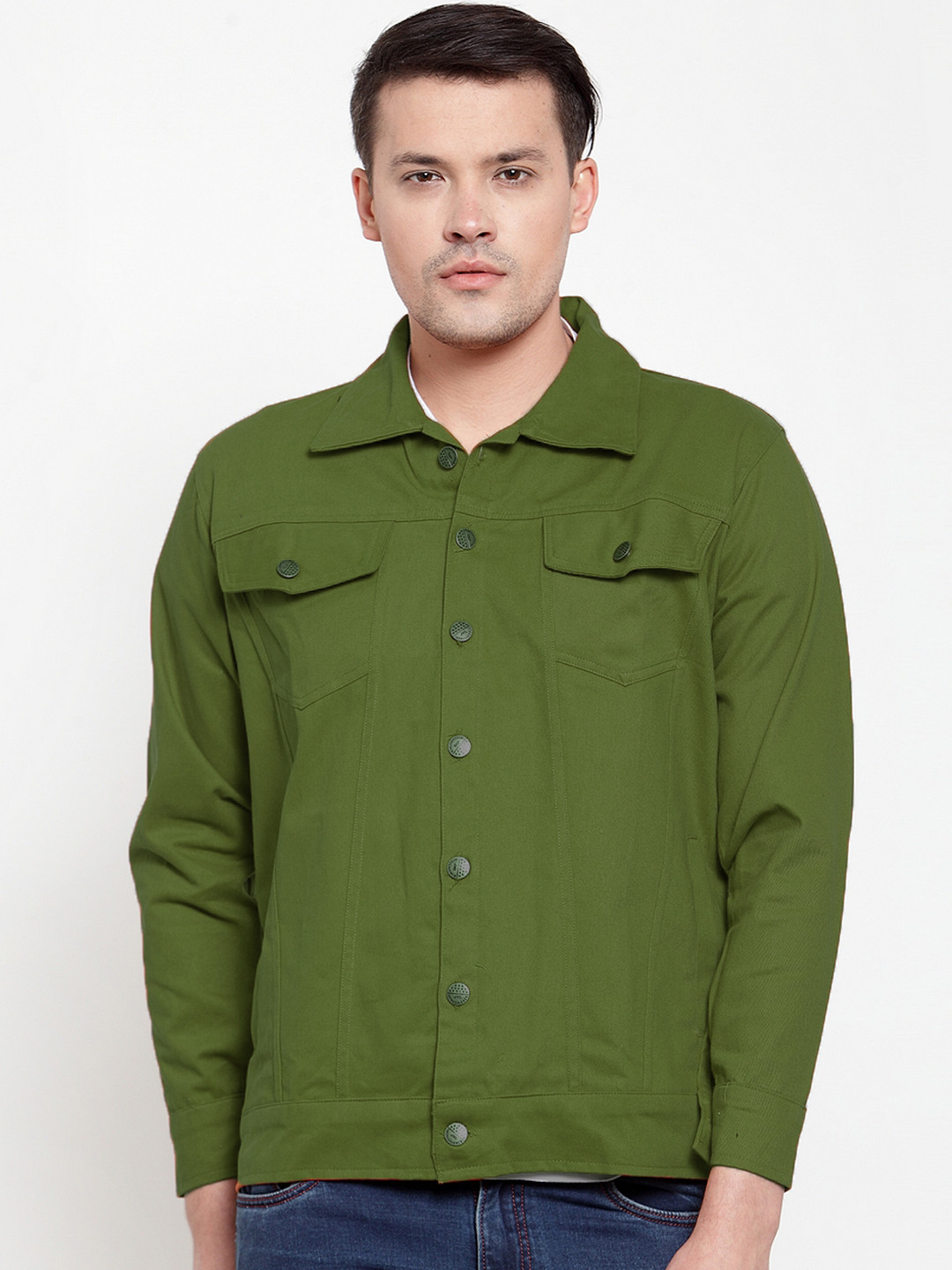Buy VOXATI Men Olive Green Solid Denim Jacket Jackets for Men