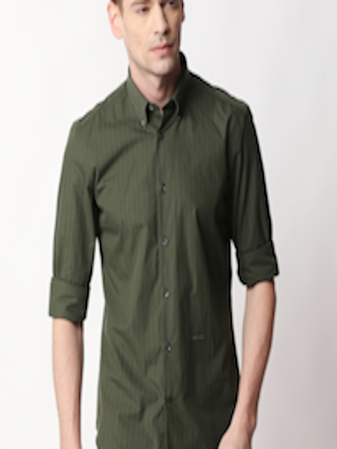 Buy RARE RABBIT Men Olive Green Tailored Fit Striped Casual Shirt ...