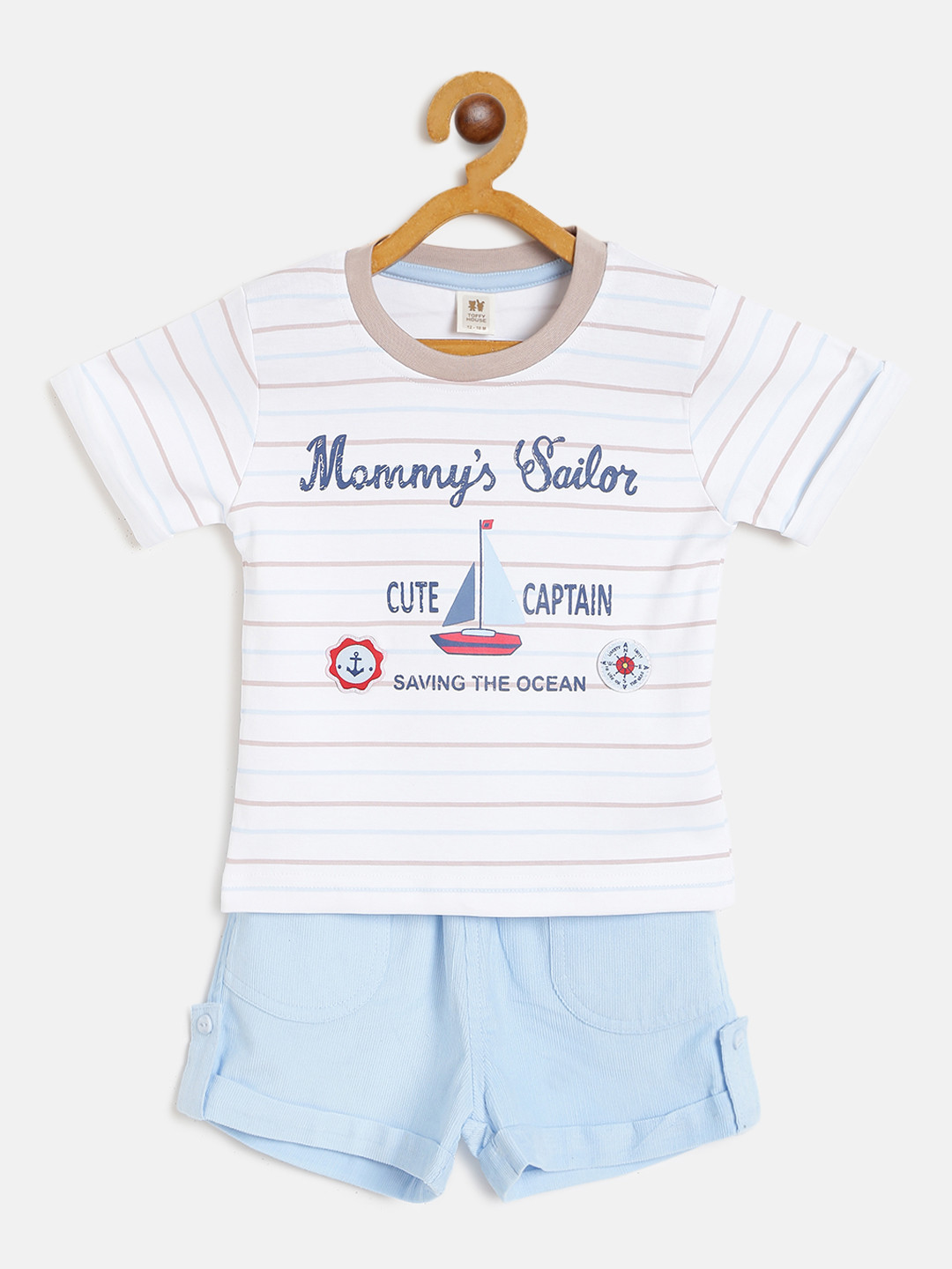 Buy TOFFY HOUSE Boys White & Blue Striped T Shirt With Shorts