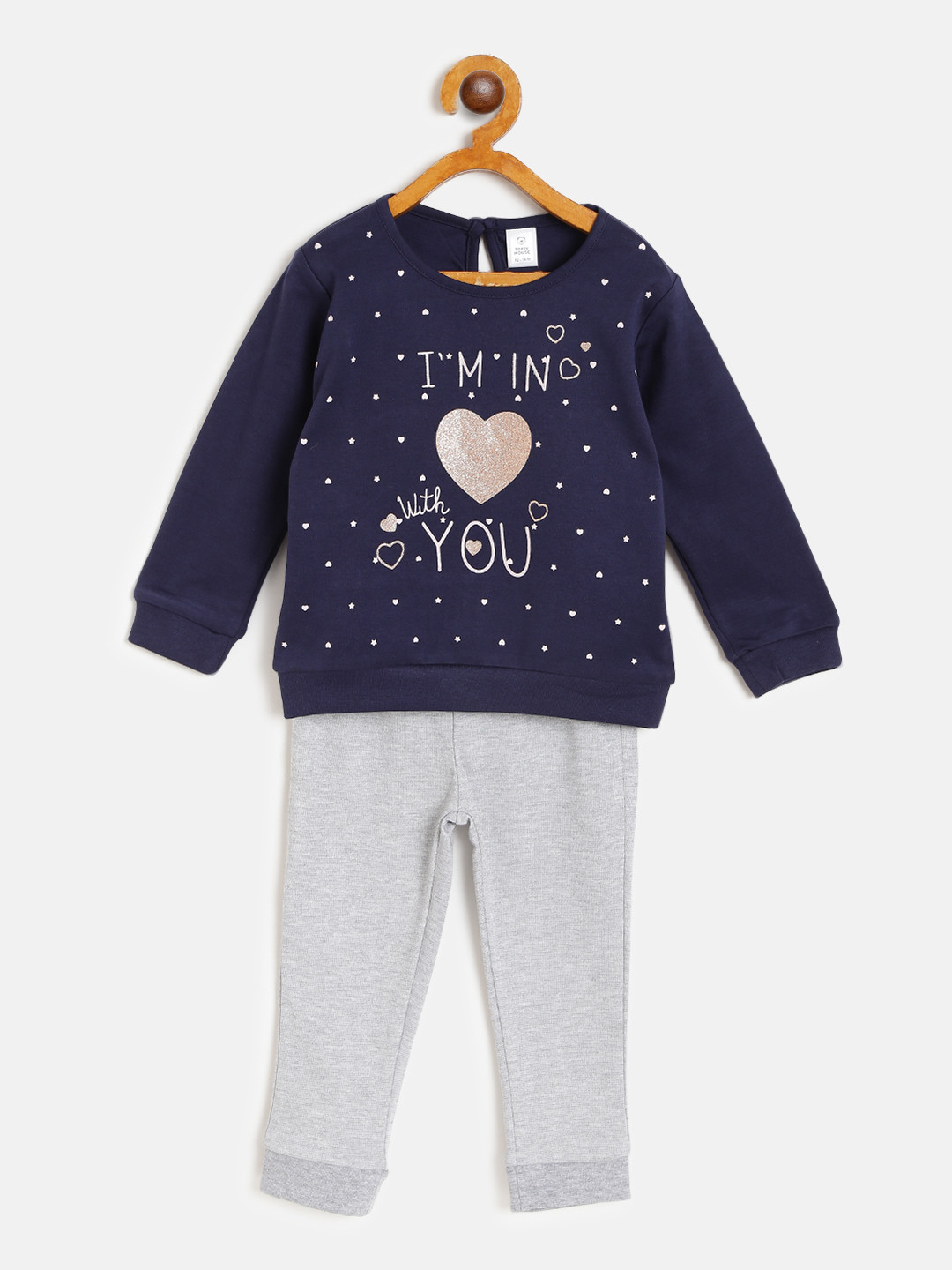 Buy TOFFY HOUSE Girls Navy Blue & Grey Melange Printed Night Suit