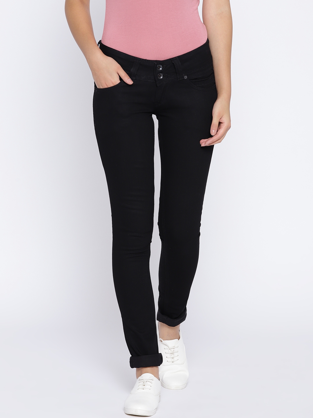 Buy Pepe Jeans Women Black Pixie Fit Mid Rise Clean Look Stretchable ...