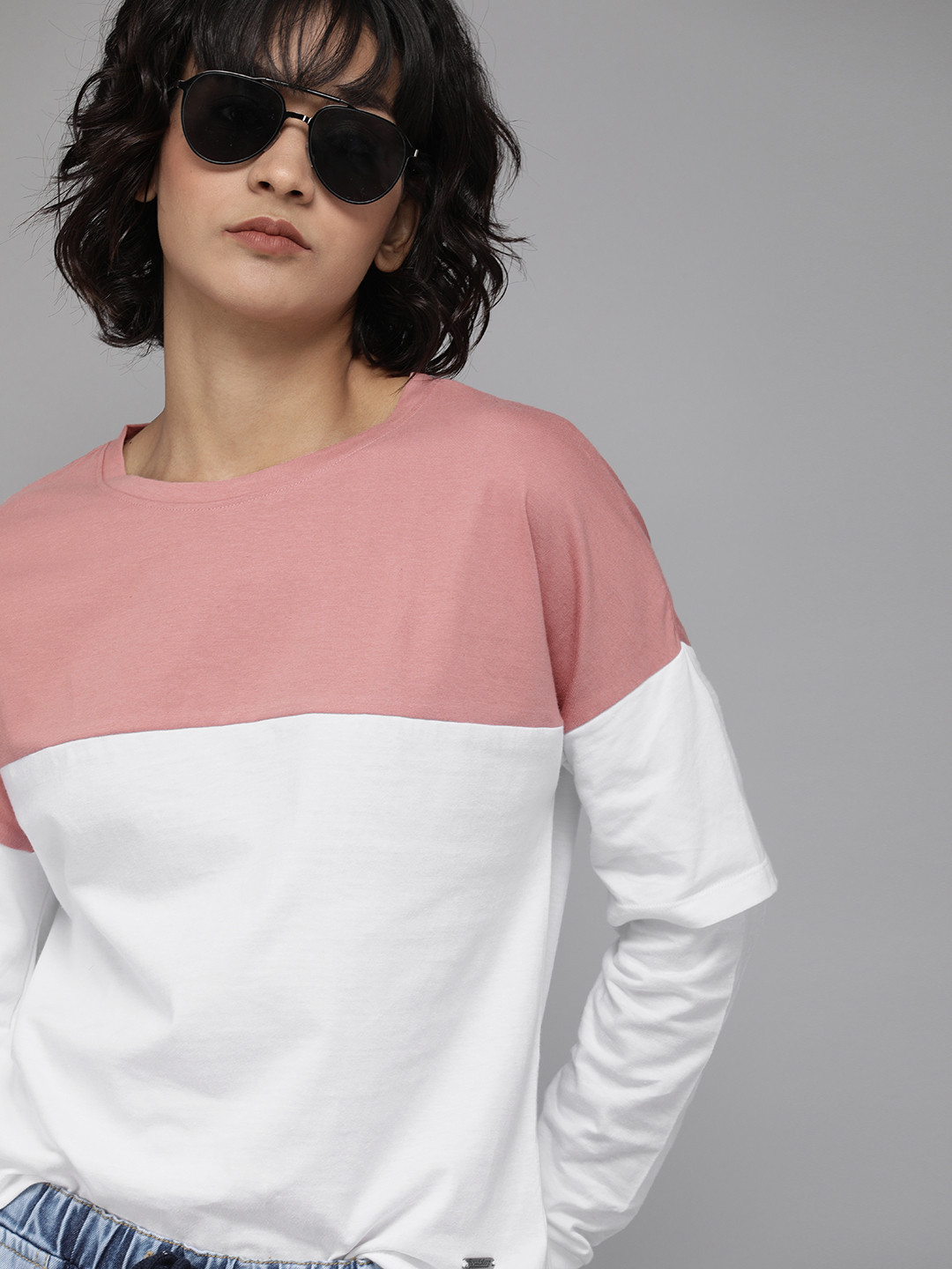 Buy Roadster Women White Pink Colourblocked Round Neck Pure Cotton T