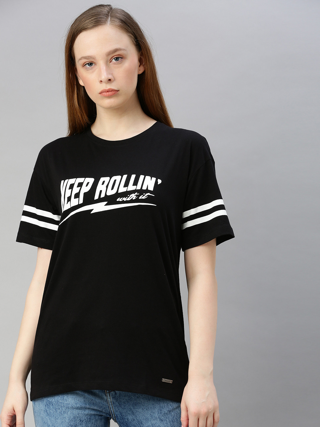 Buy Roadster Women Black Printed Round Neck Pure Cotton T Shirt