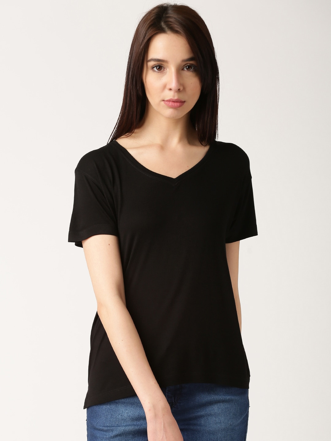 Buy Ether Women Black Solid V Neck T Shirt - Tshirts for Women 11900390 ...